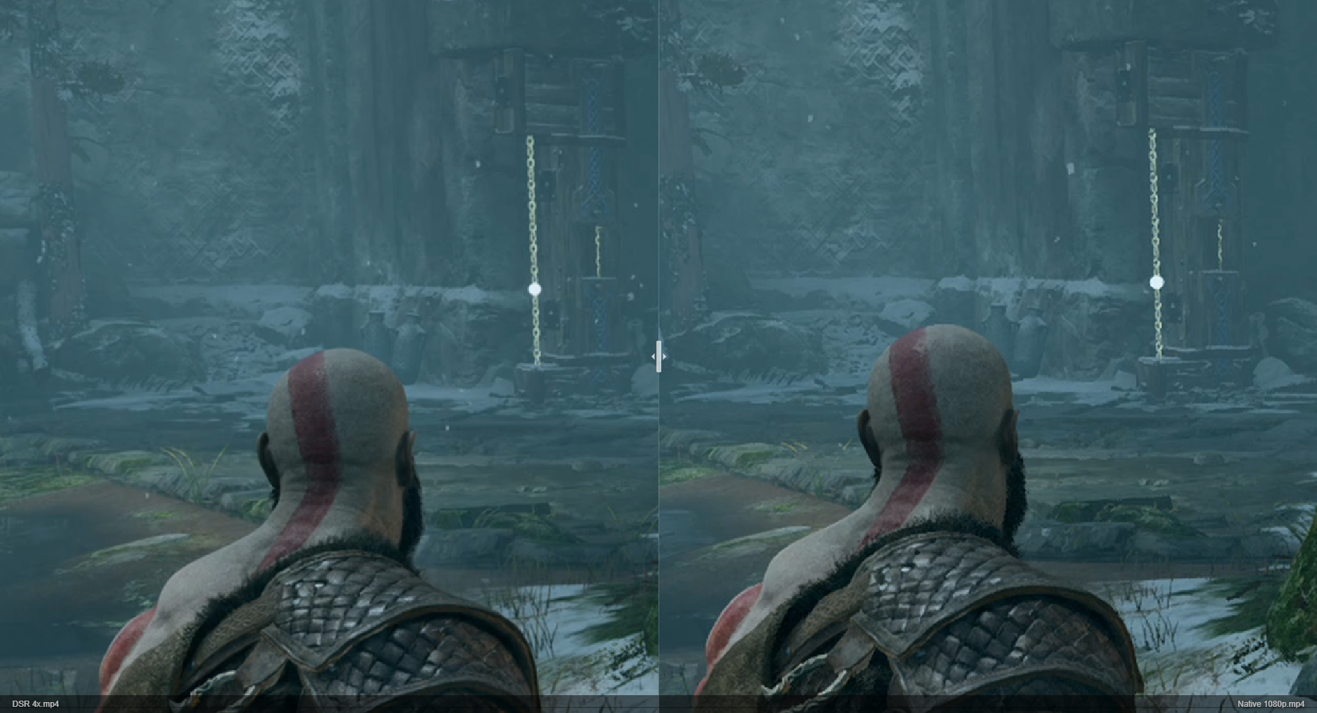 A God of War graphics comparison image showing DSR 4x on the left versus native rendering on the right.