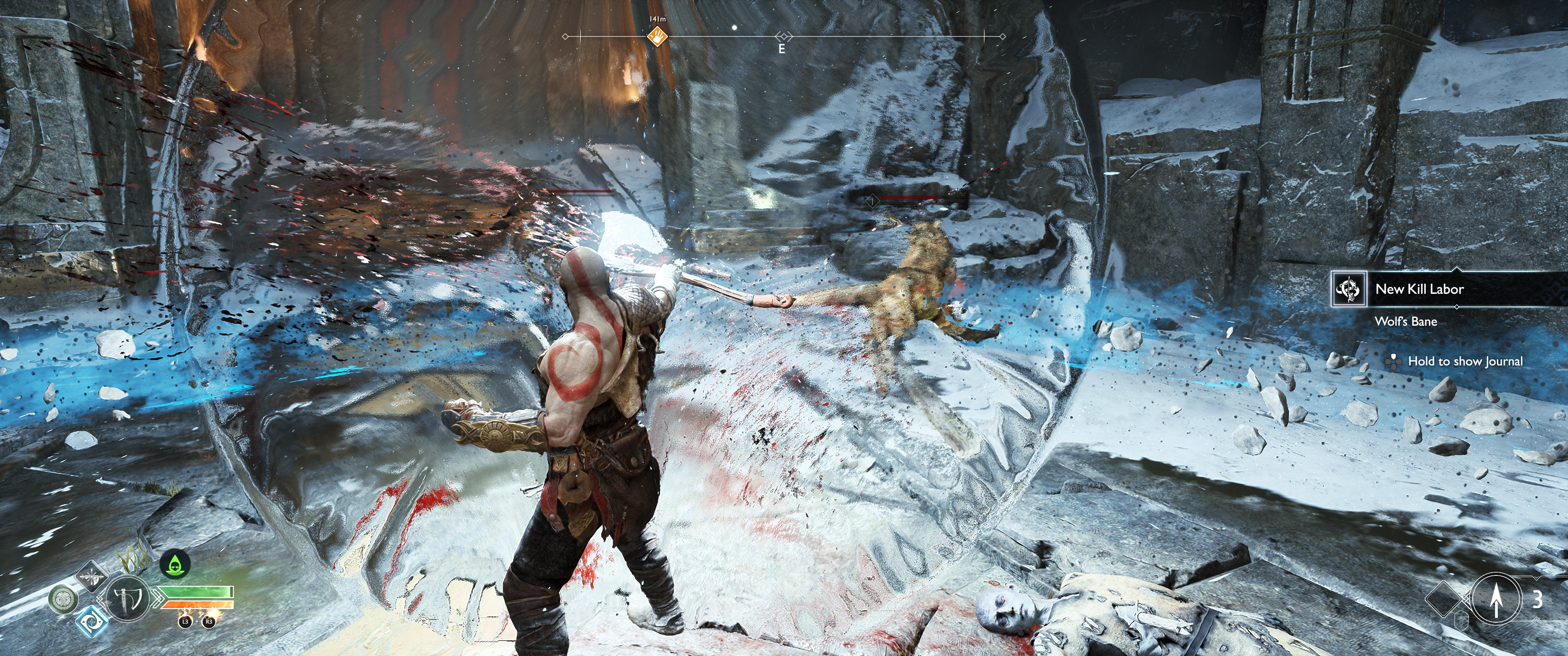 Kratos battles draugr in God of War, as seen in ultrawide resolution.