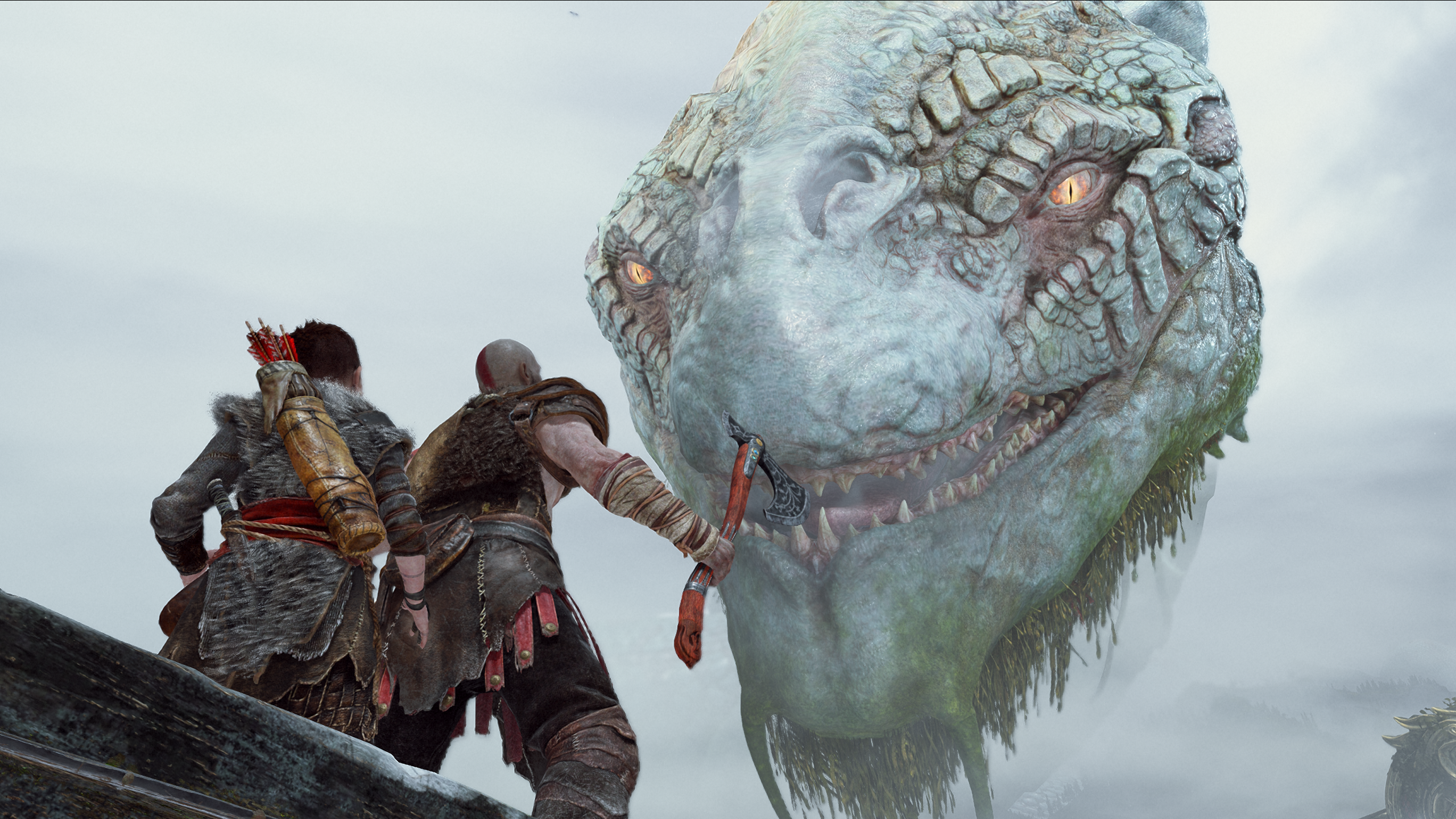 The World Serpent speaks to Kratos and Atreus in a scene from God of War.