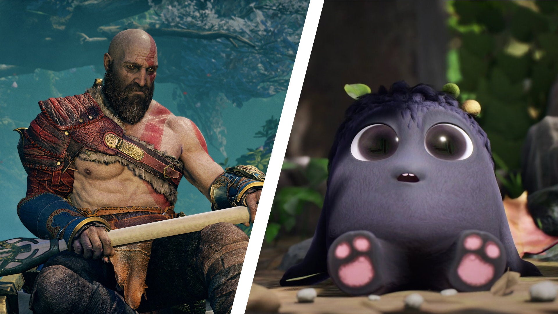 Kratos from God Of War and a rot creature from Kena: Bridge Of Spirits