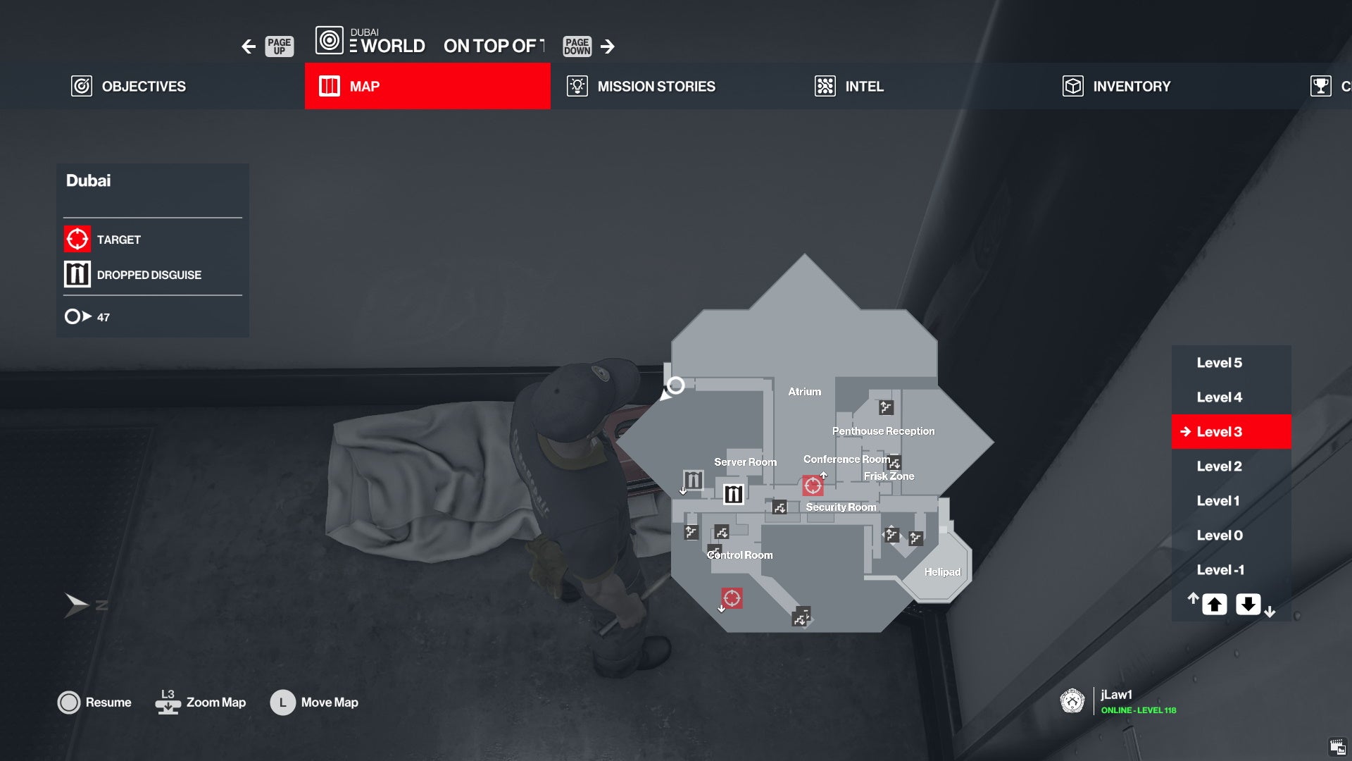 Hitman 3's Dubai map showing the location of the exploding golf ball in the top-left.