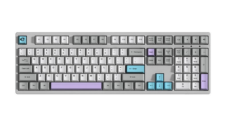 a beautiful akko mechanical keyboard in grey, blue and purple