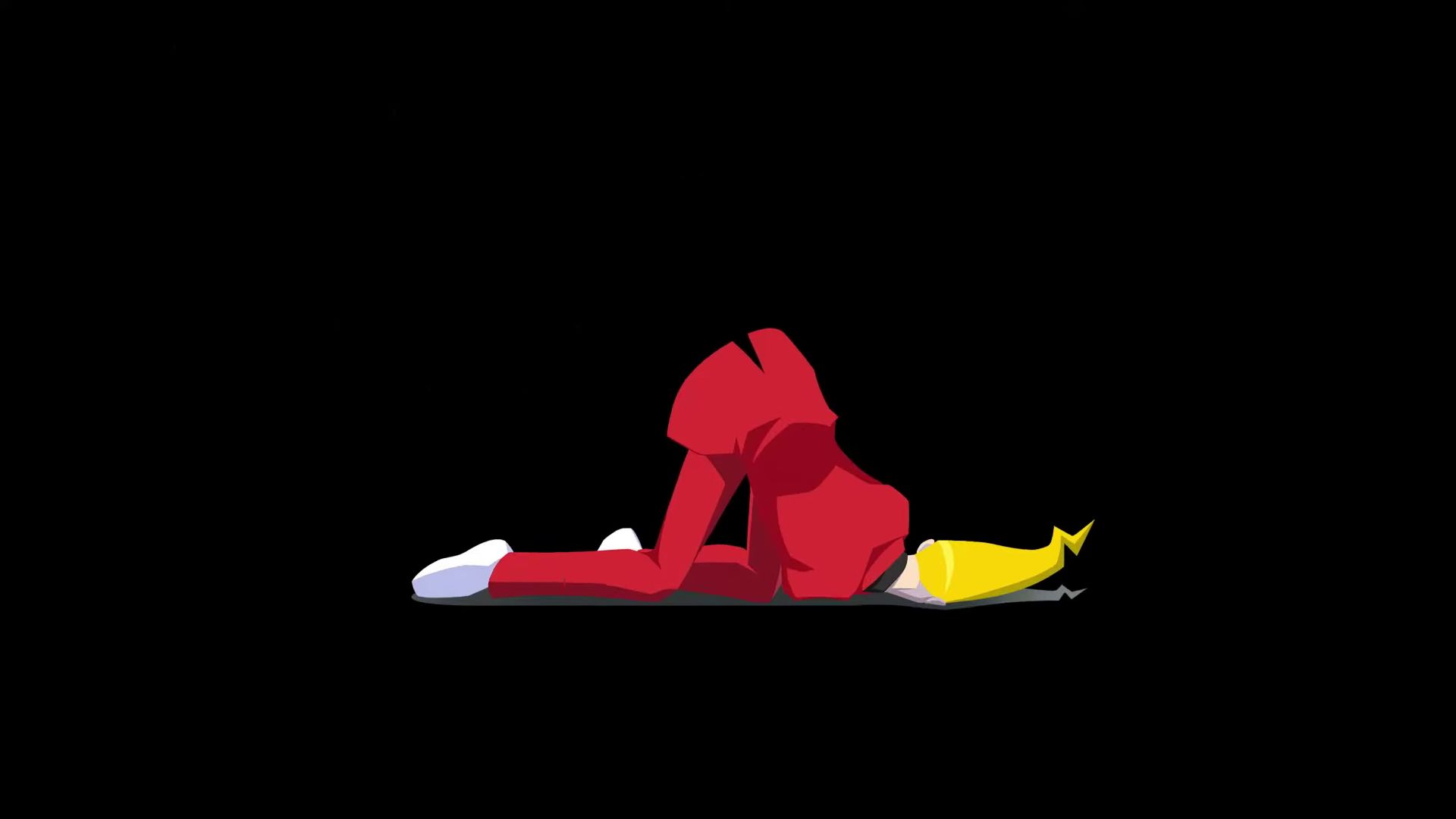 A screen from Ghost Trick's trailer showing recent murder victim Sissel, a man with a red suit and tall blond hair, lying in a heap against a black background