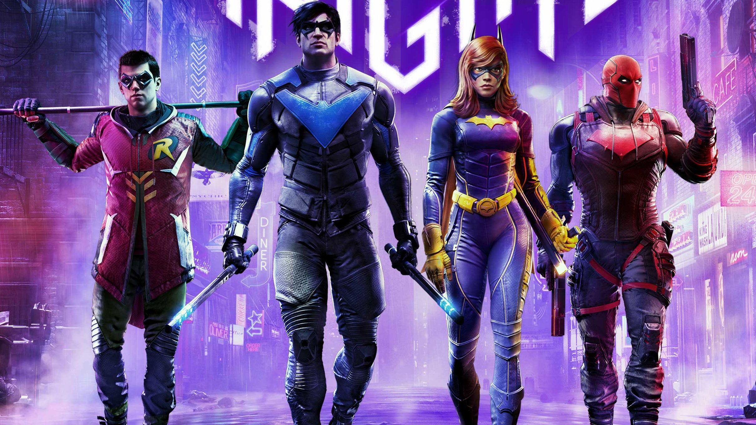 Robin, Nightwing, Batgirl, and Red Hood in the Gotham Knights key art.