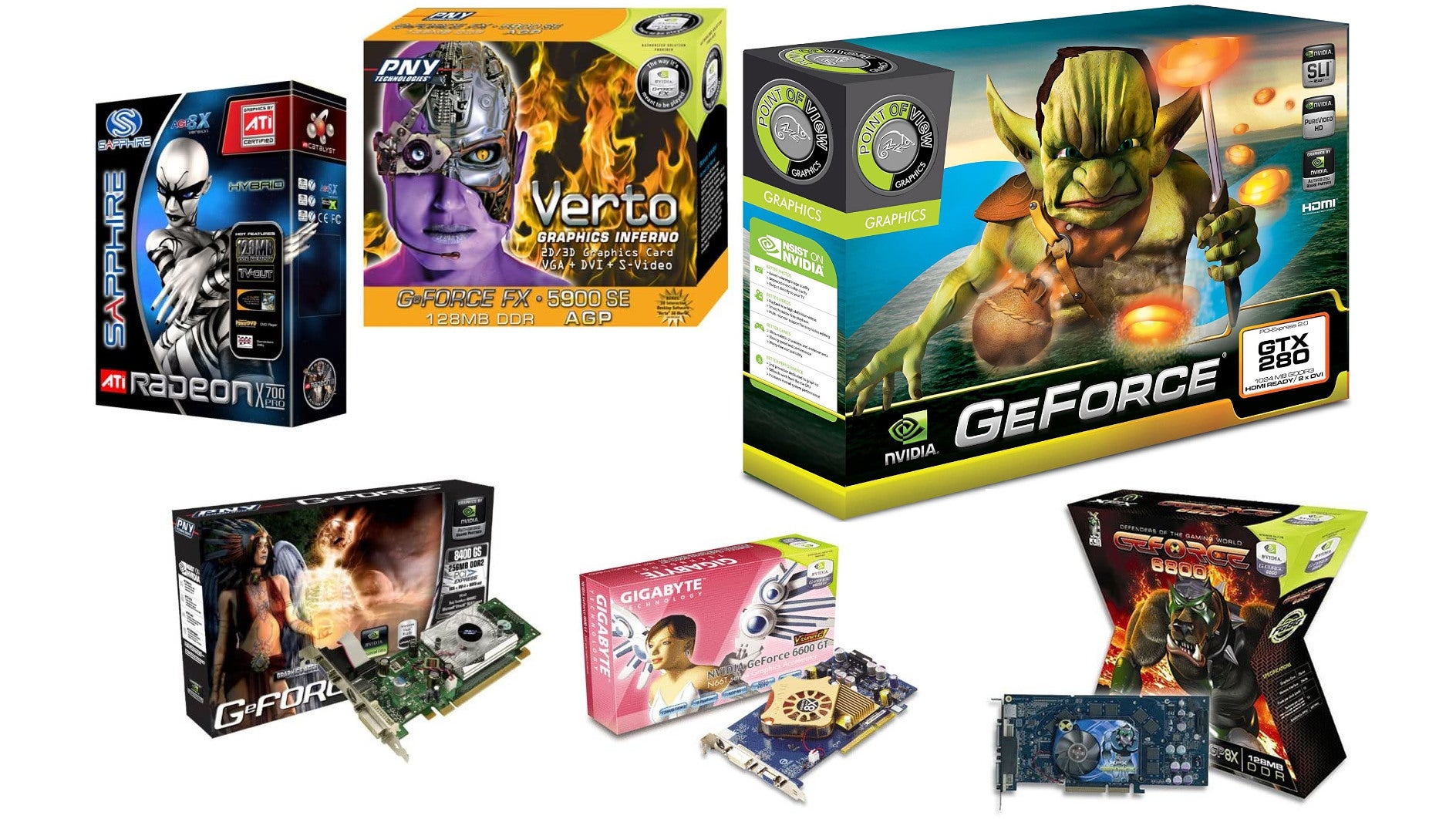 A montage of wacky graphics card boxes.