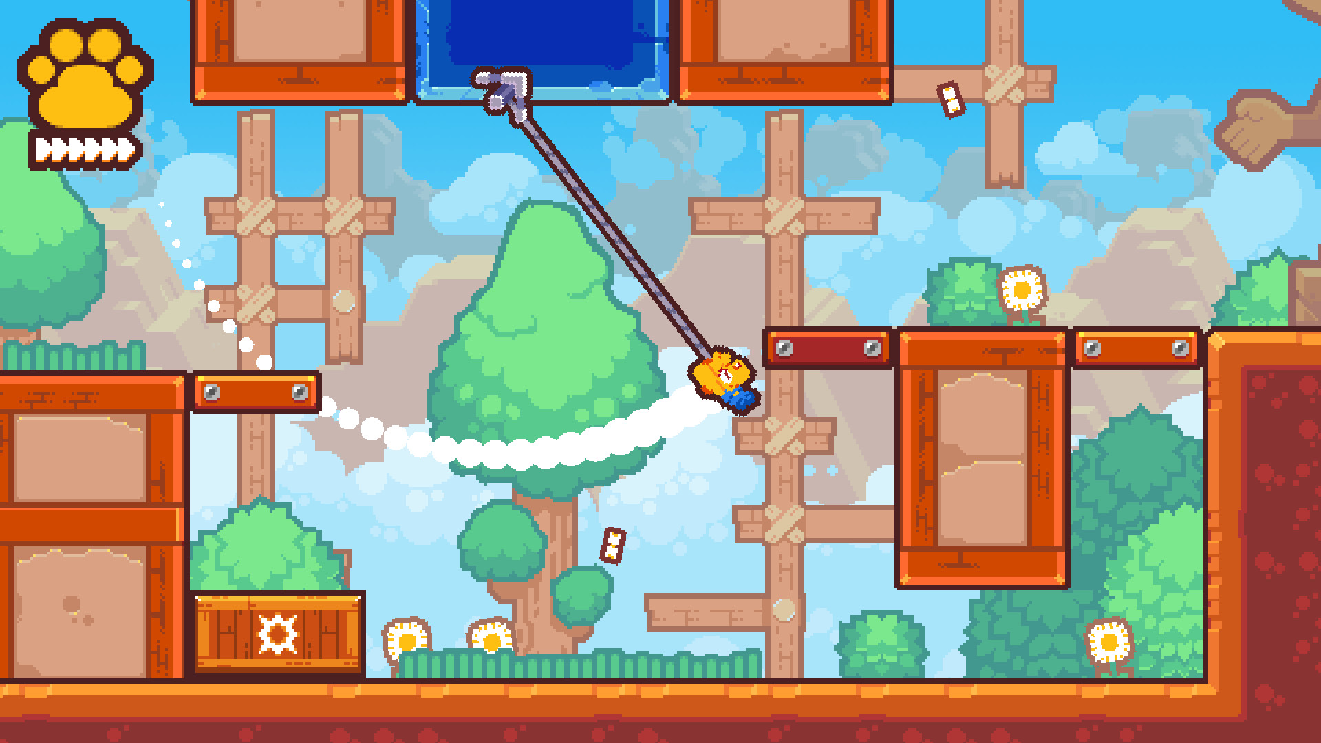 A screenshot of Grapple Dog, a 2D platformer, showing a dog using a grappling hook. It's cute and colourful.