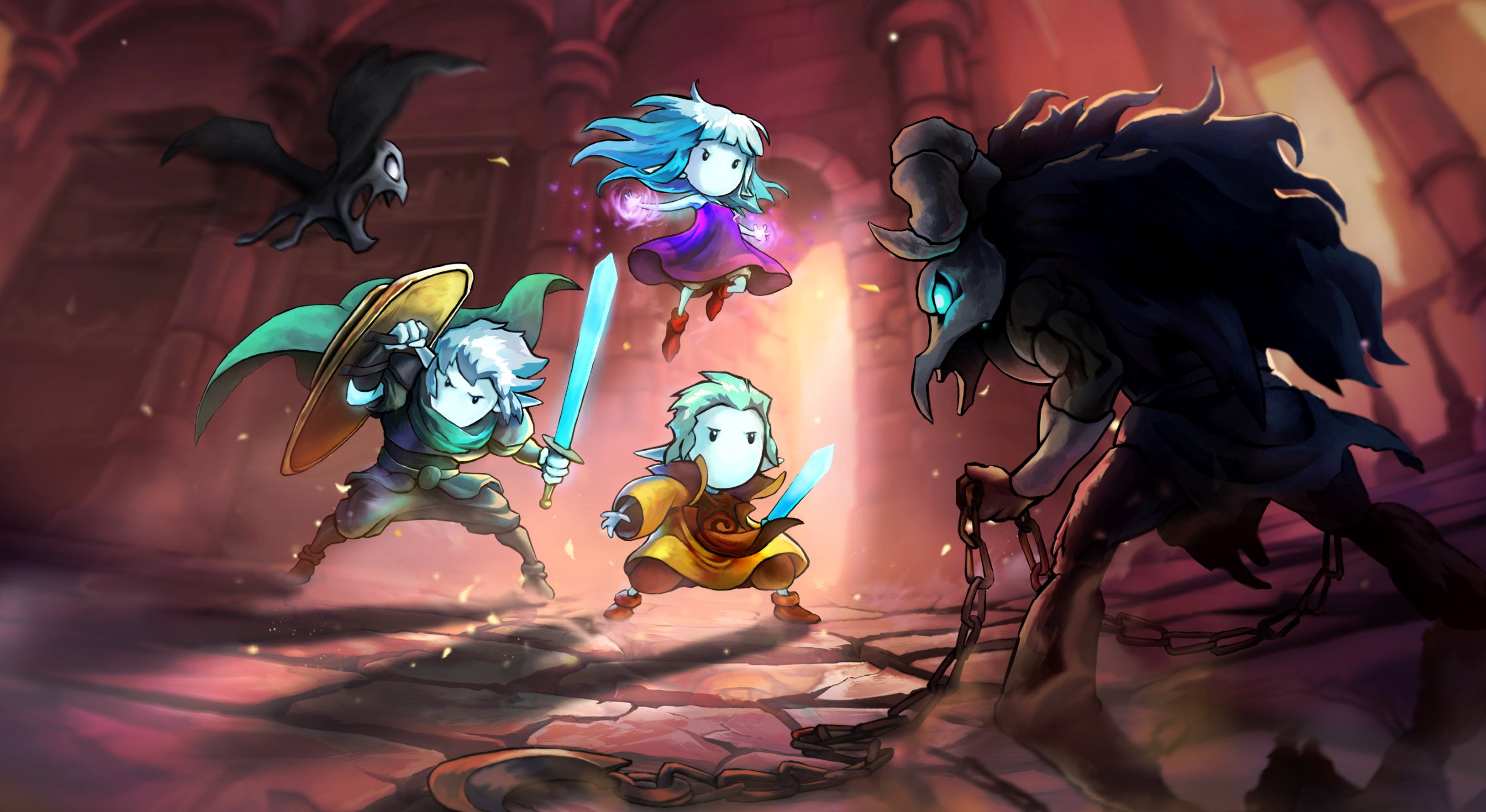 Artwork showing the three siblings of Greak: Memories Of Azur fighting two demons in a backlit dungeon setting