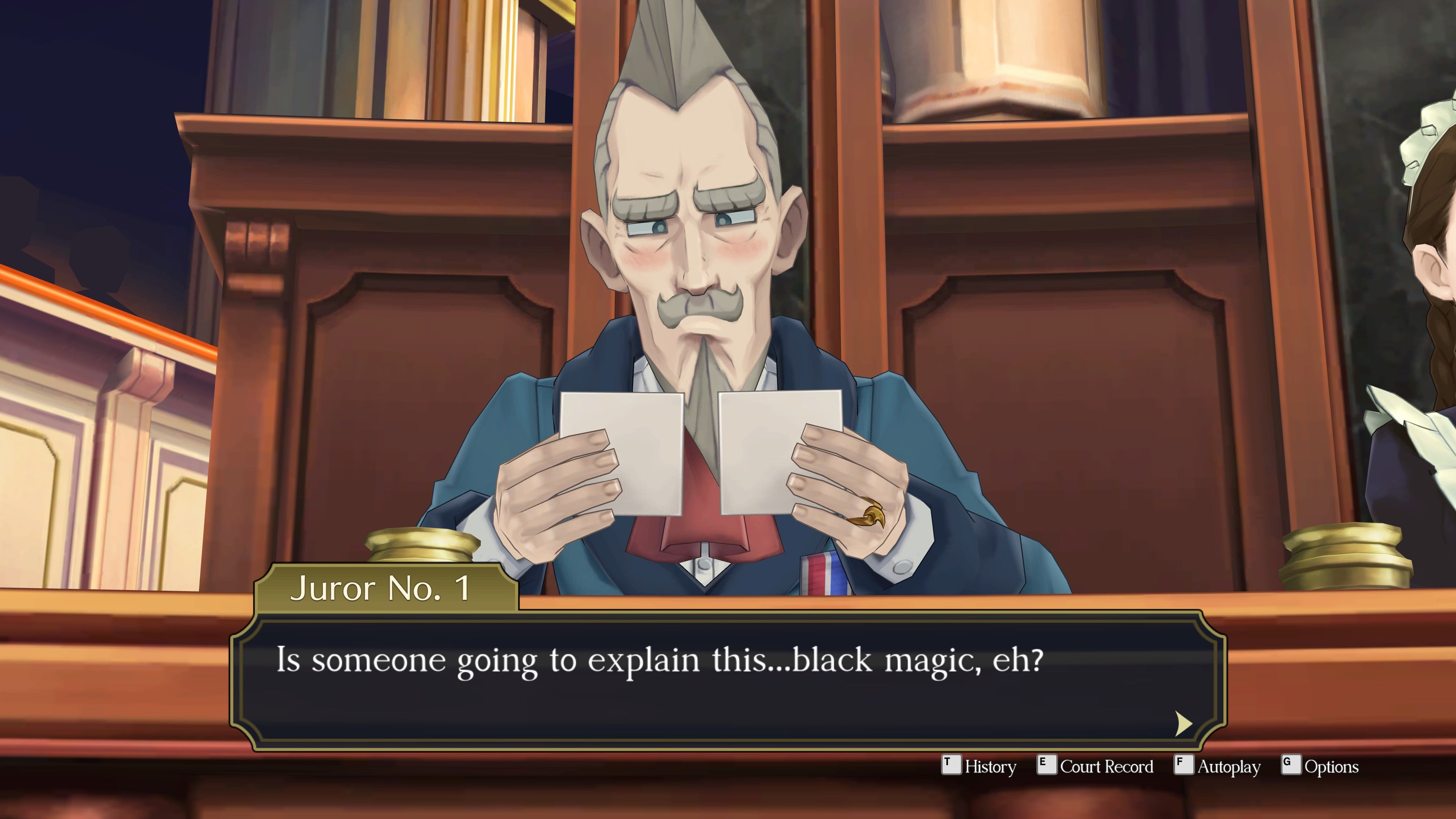 An old man tries to look at two stereoscopic 3D images while crossing his eyes in The Great Ace Attorney Chronicles