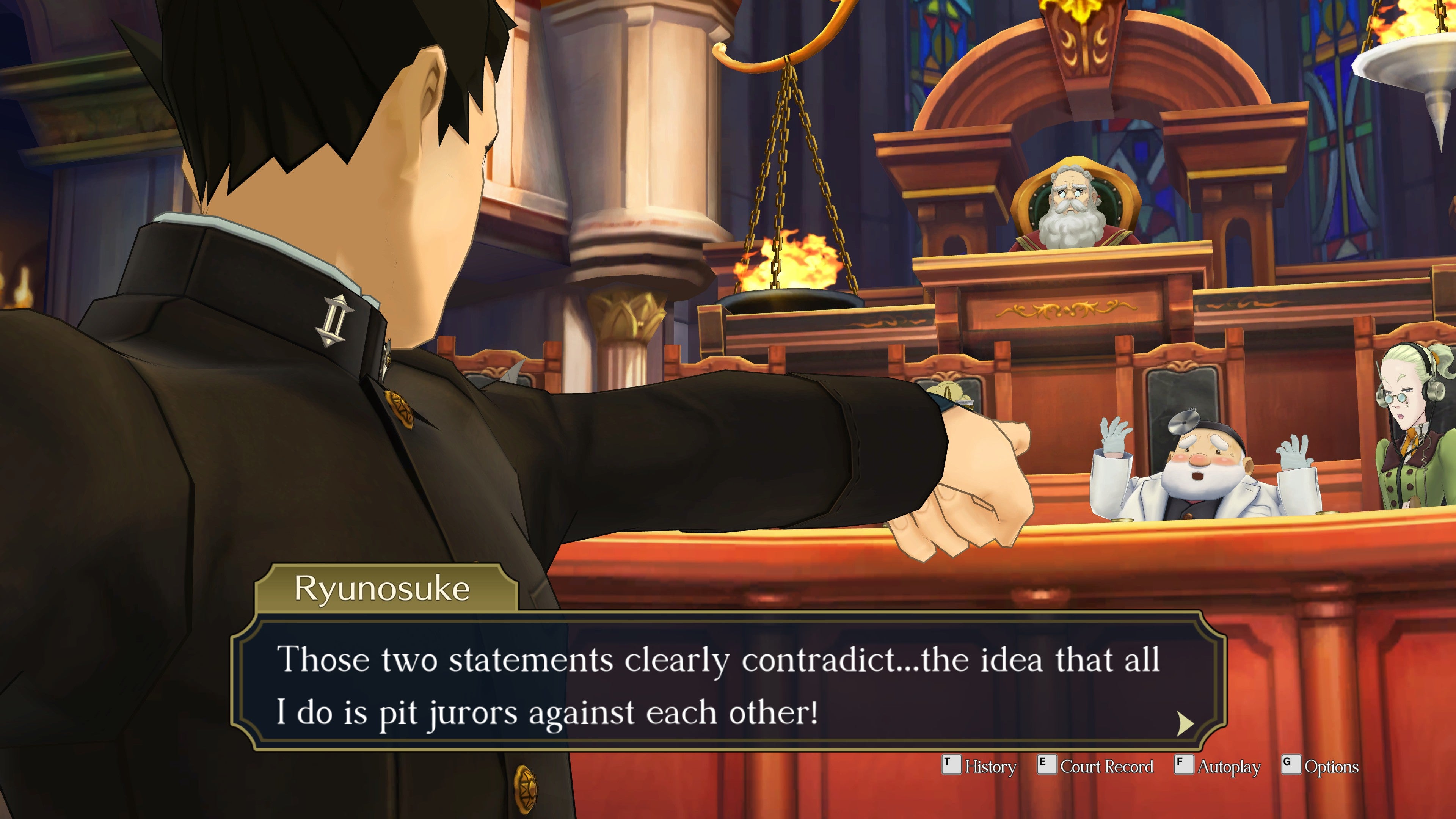 Ryunosuke points to the jury in The Great Ace Attorney Chronicles