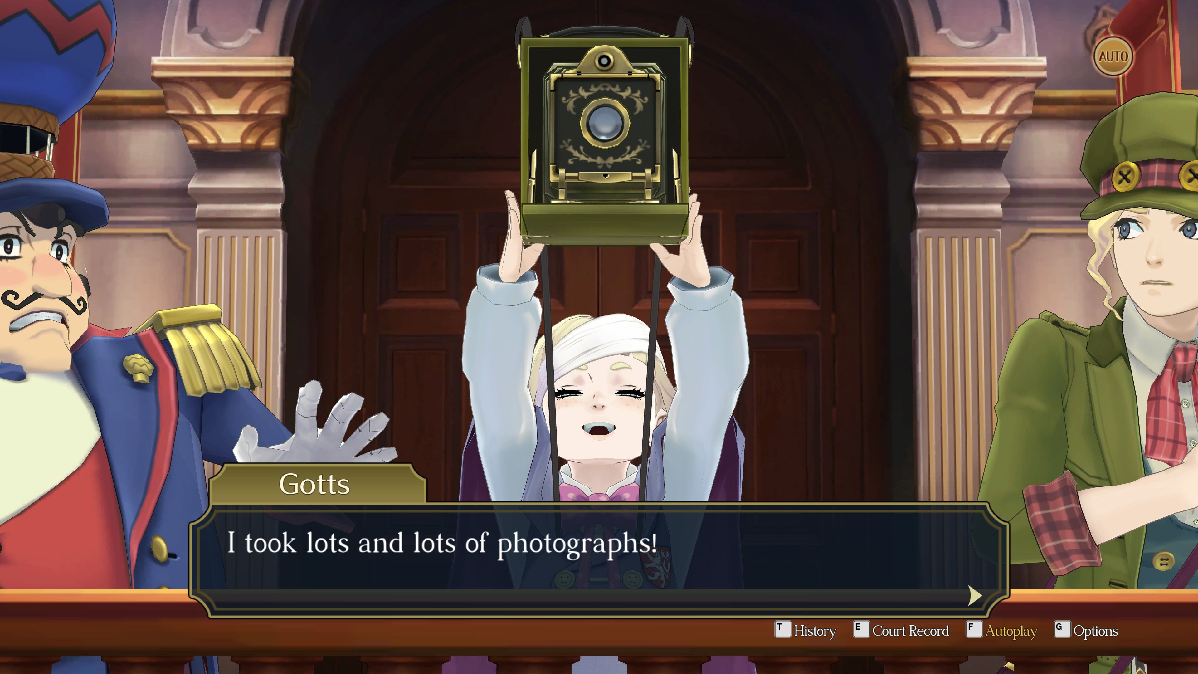 A young boy holds up a camera in the witness stand in The Great Ace Attorney Chronicles