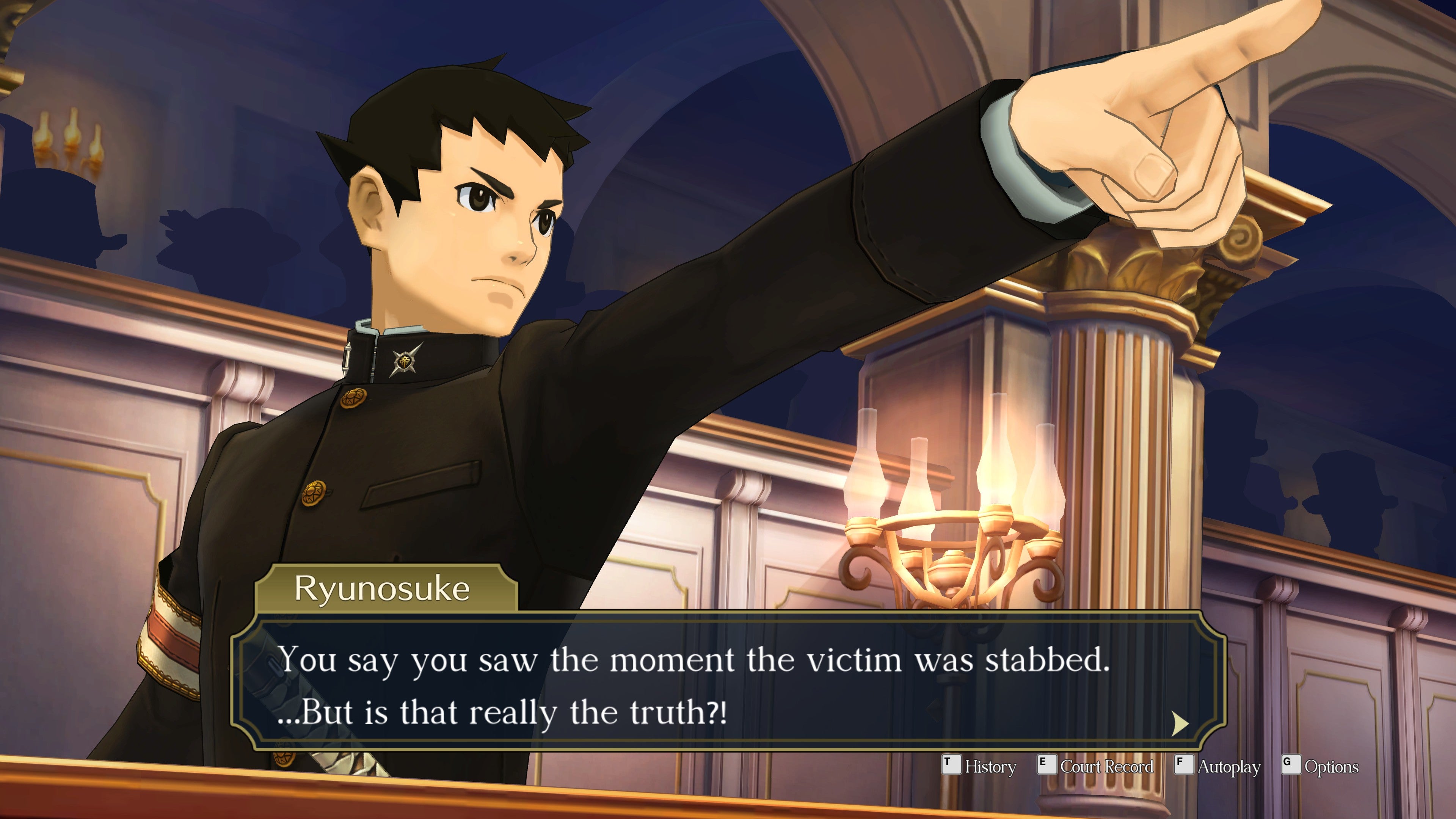Ryunosuke pointing his finger at a witness in The Great Ace Attorney Chronicles