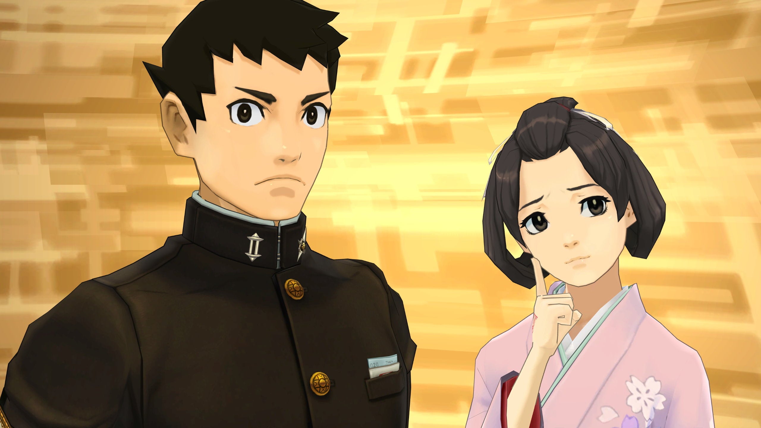 Ryunosuke and Susato against a yellow background in The Great Ace Attorney Chronicles