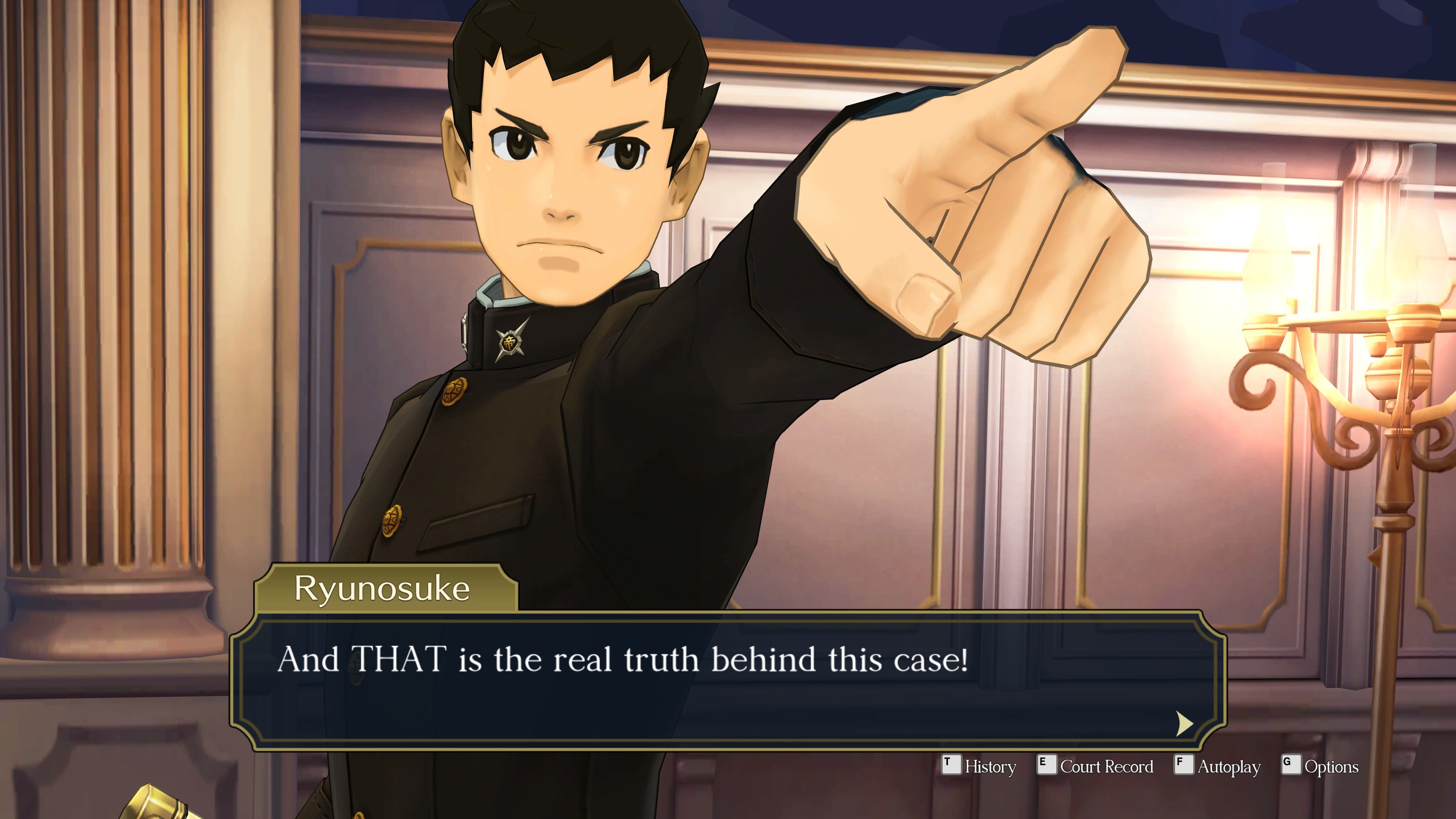 Ryunosuke points his finger in The Great Ace Attorney Chronicles