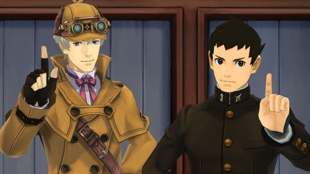 The Great Ace Attorney Chronicles - Ryunosuke Naruhodo and Herlock Sholmes stand next to one another in a court room.