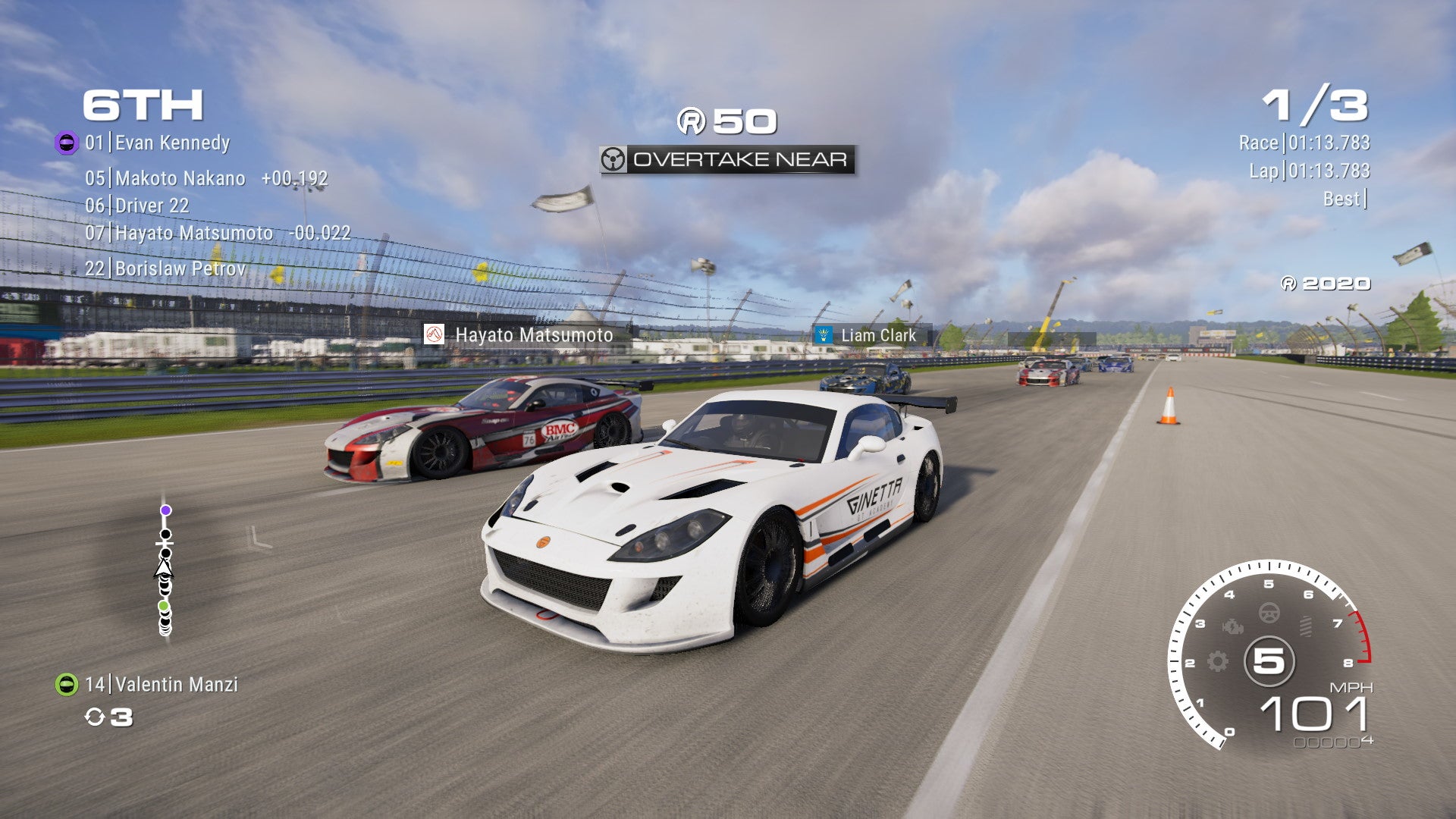 Two racing cars jostle for position in Grid Legends
