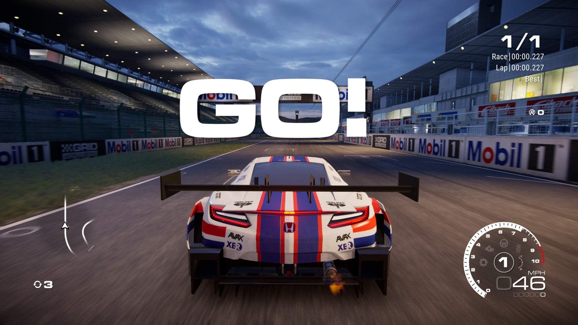 A racing car begins a race with the words GO! written in big letters above it in Grid Legends