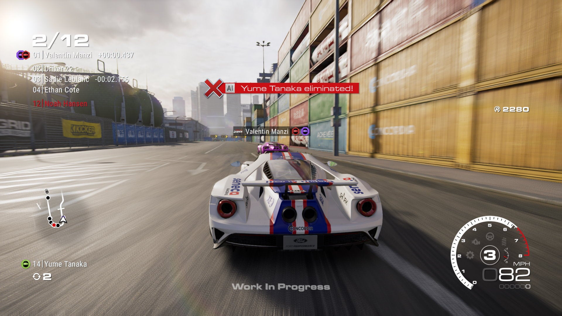 A white race car drives through a port after eliminating Yume Tanaka from the race in GRID Legends