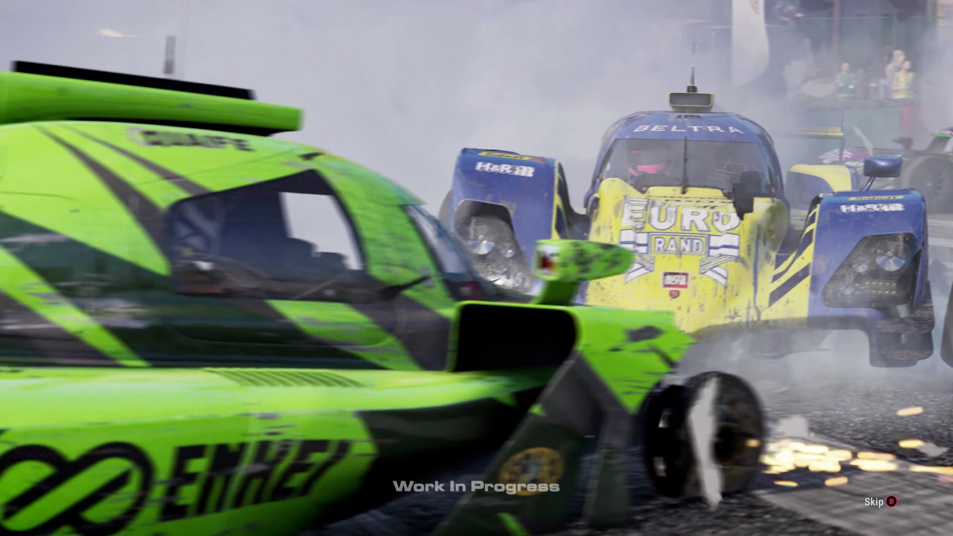 A green racing car collides with a blue and yellow one in GRID Legends