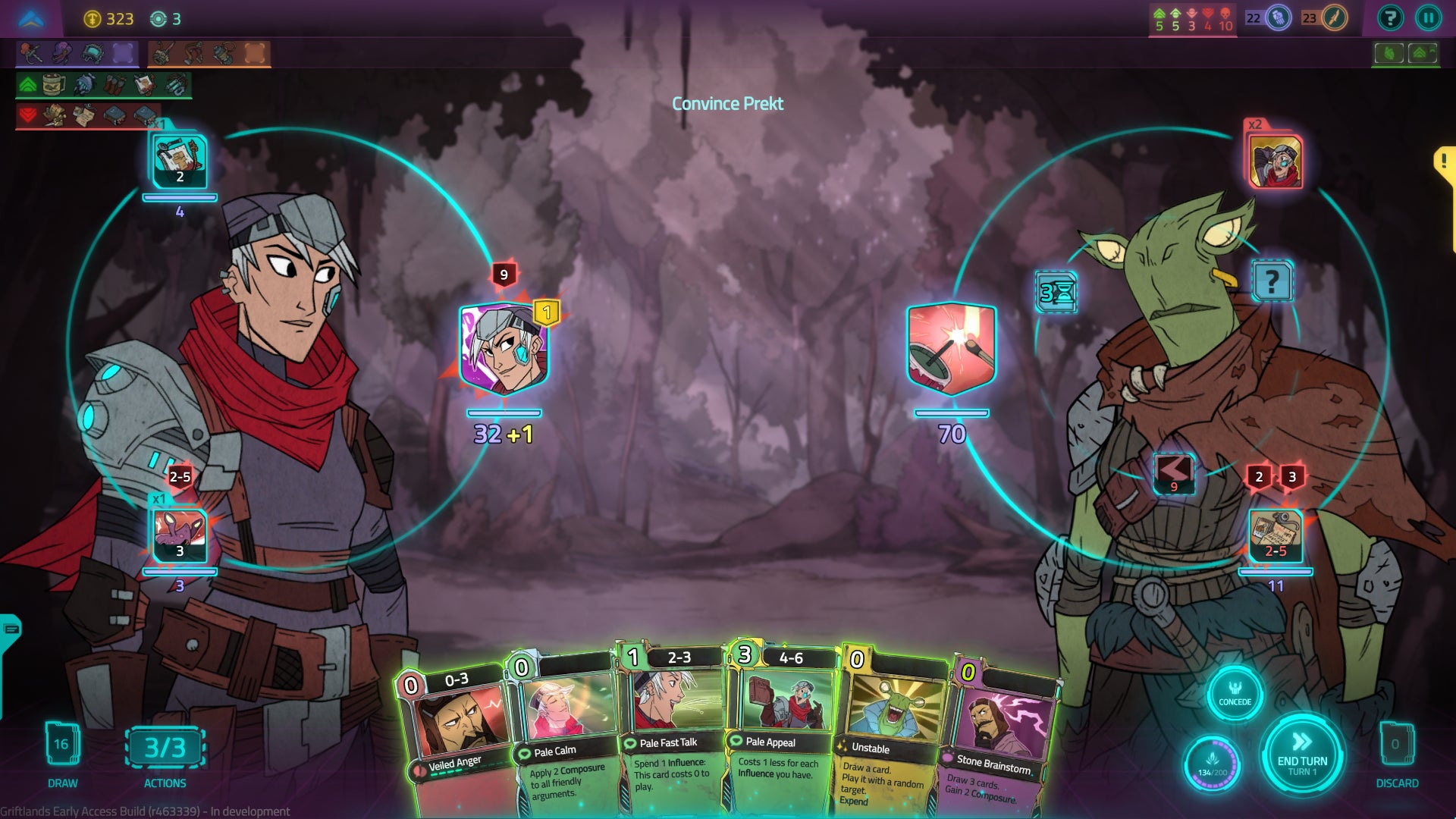 A Griftlands screenshot of a negotiation "battle" between the player character and a character called Prekt.