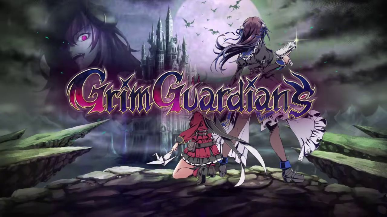A key art trailer screen for Grim Guardians: Demon Purge showing two young women looking at a foreboding castle