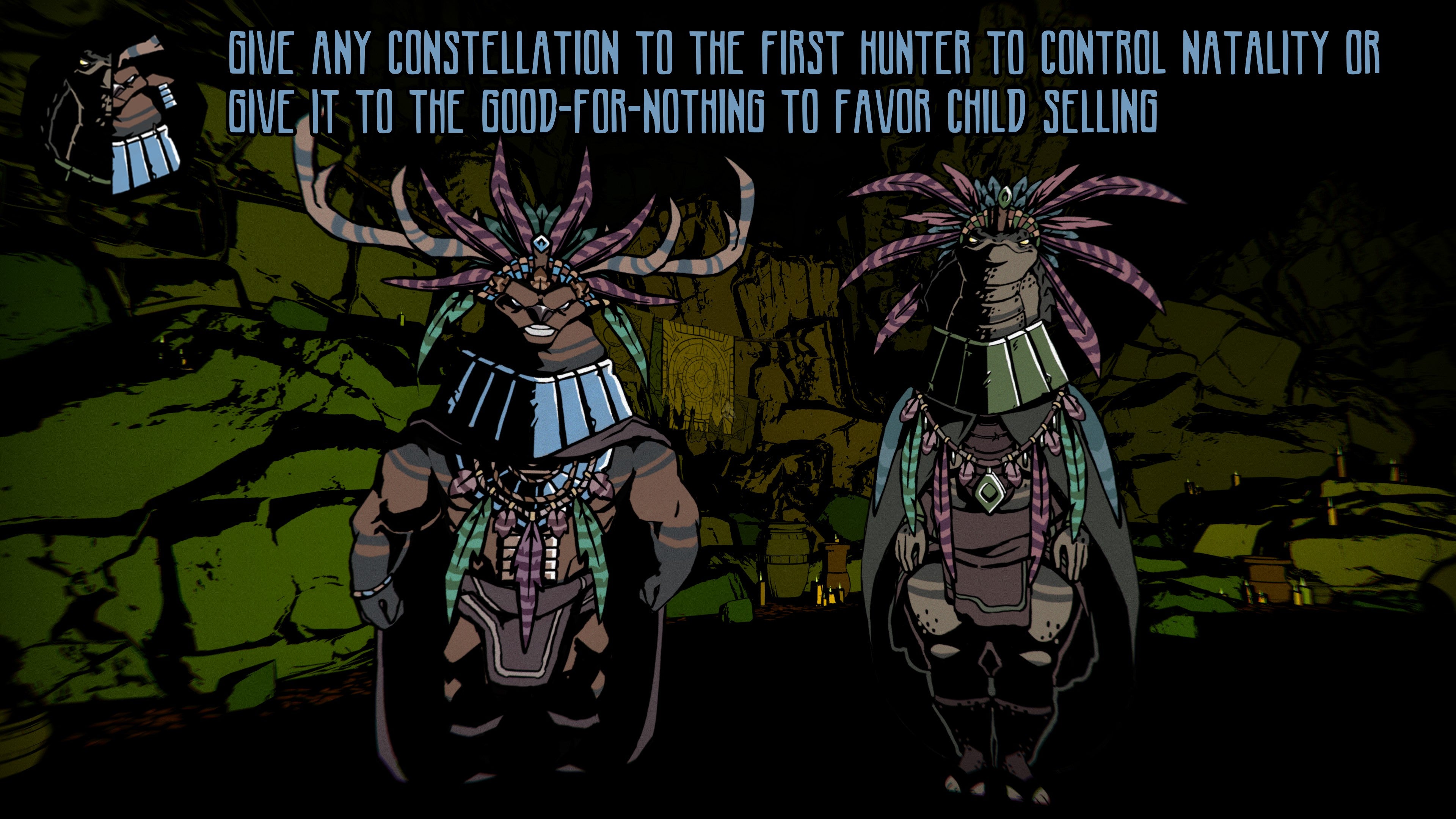 A deer and serpent argue in front of the player in Grotto