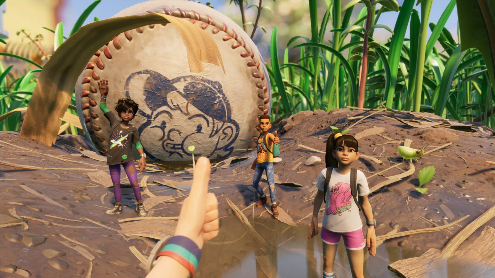 Grounded characters standing in the dirt near a giant baseball while staring at the player, with the player giving them a thumbs up.