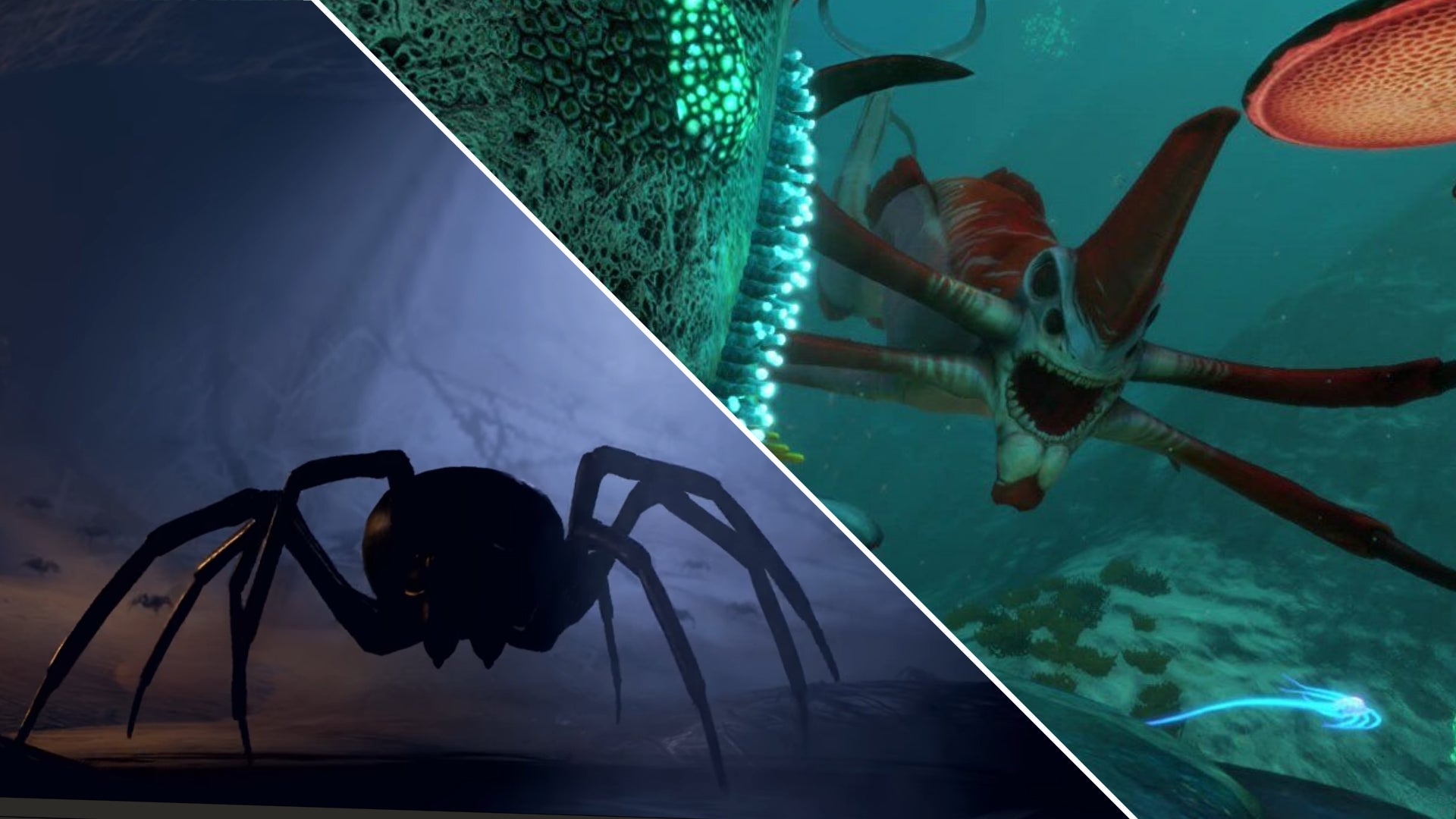 A composite of two screenshots: a spider in a cave in Grounded on the left, and a Reaper Leviathan swimming towards the camera in Subnautica on the right.