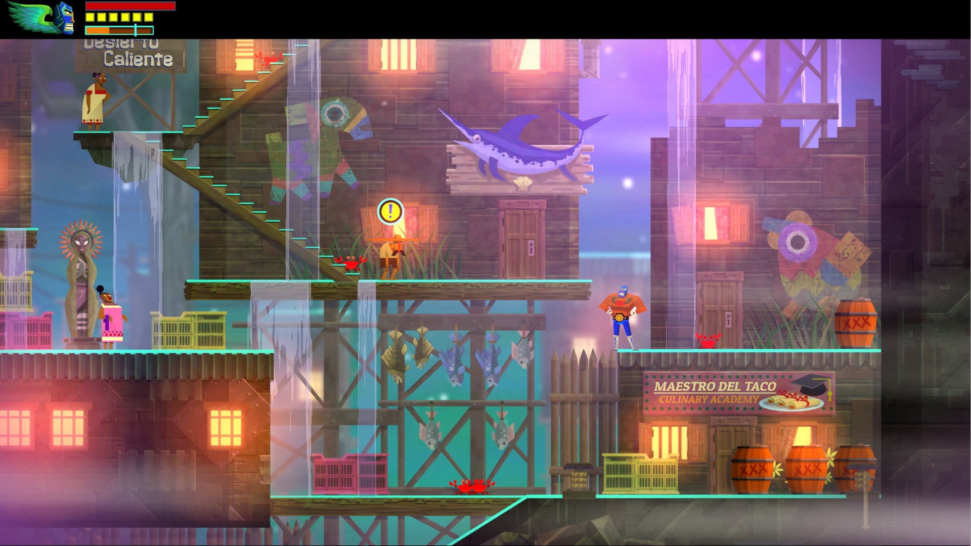 Hanging out round town in a Guacamelee screenshot.