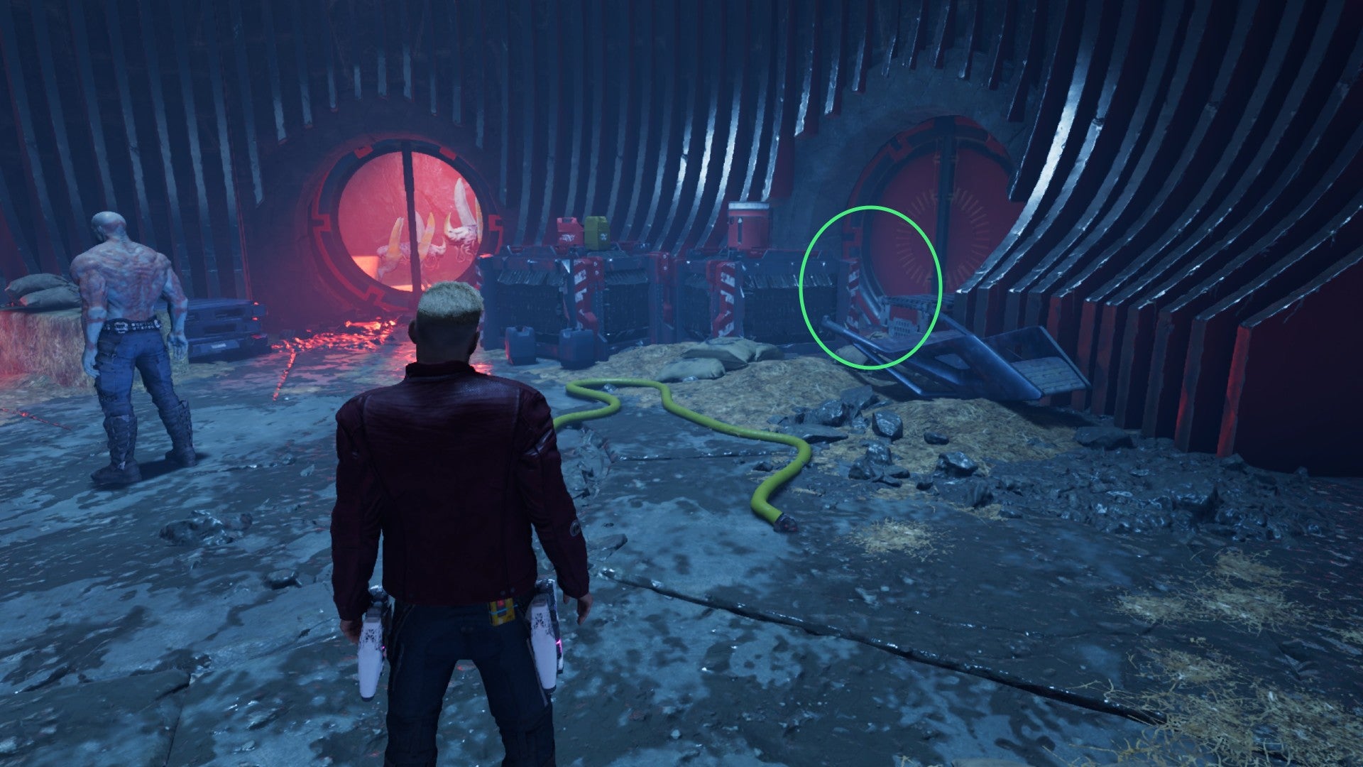 Star-Lord standing near Drax, circled crates up ahead cover Assassin Ring
