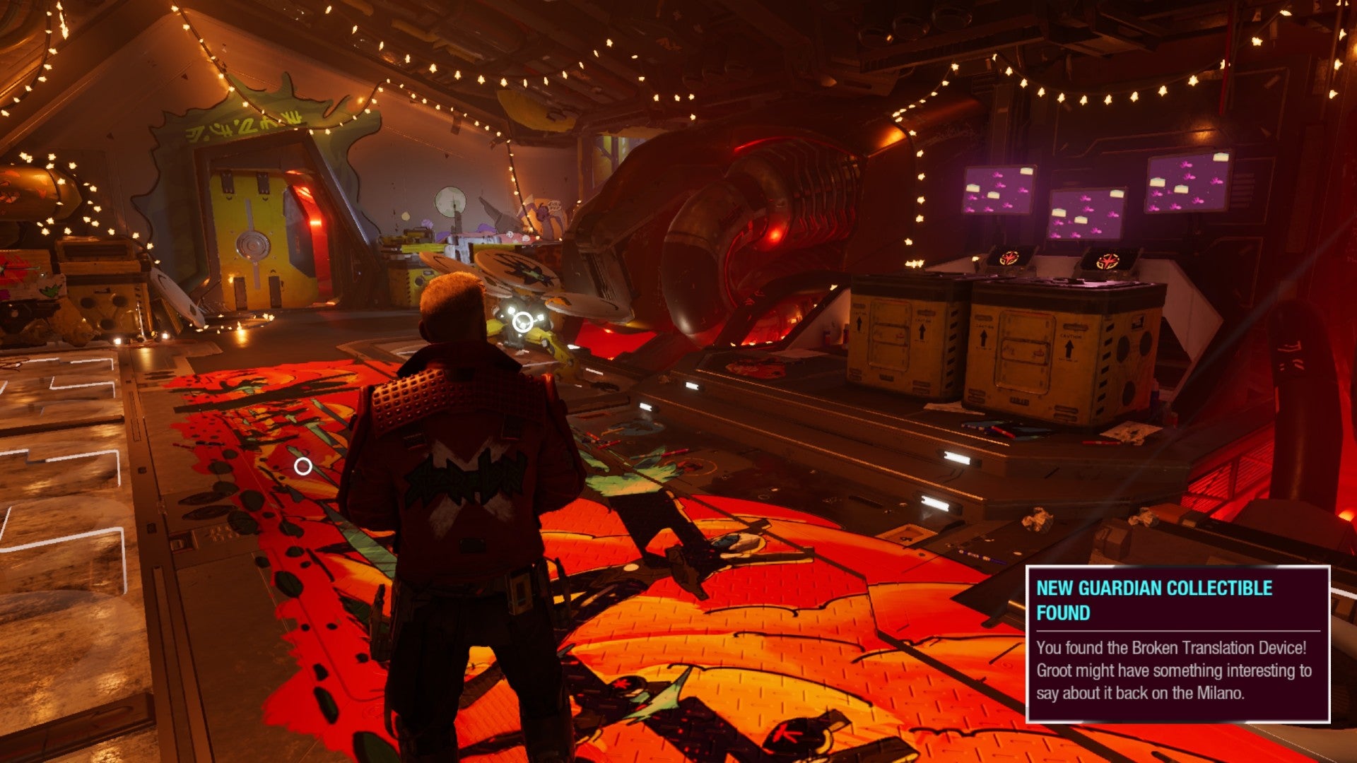 Nikki's secret hideout in Guardians of the Galaxy, with pop up in lower right corner showing that player has found a hidden collectible