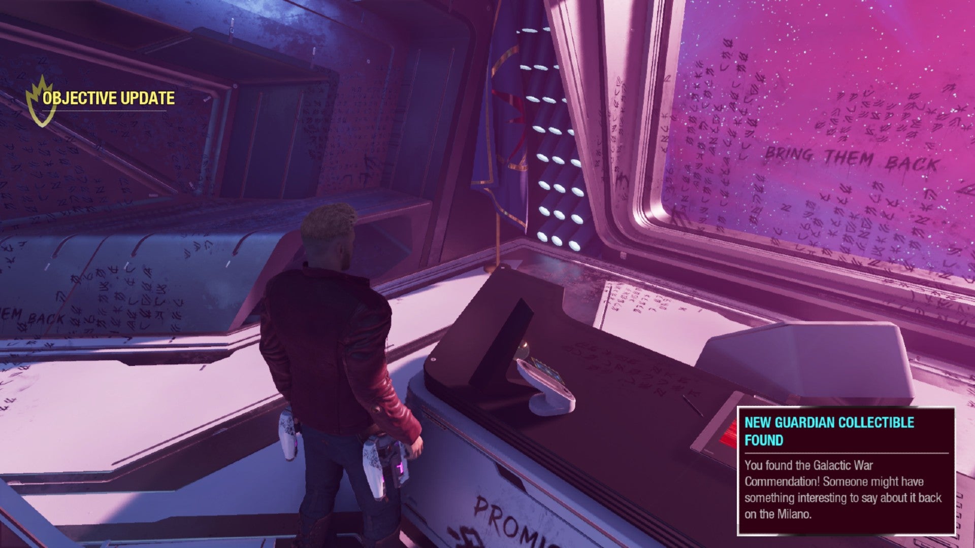 Star-Lord stood by Ko'Rel's desk, flag is in corner with Commendation Star on the ground. Writing is scrawled on window and other surfaces
