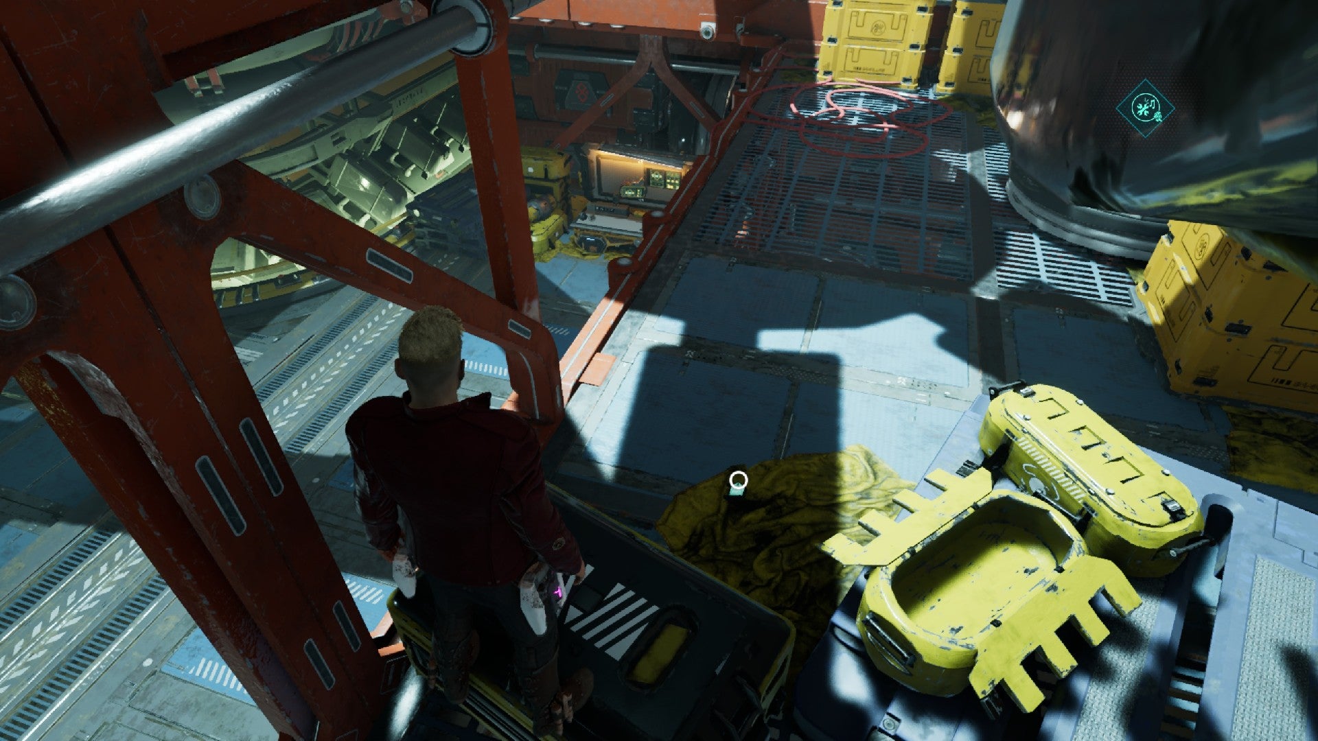 Star-Lord stood on a container, Deep Mine Device on floor, Workbench in corridor below
