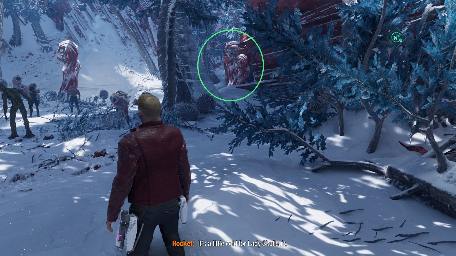 Star-Lord in snowy forest, other Guardians are nearby, red plants are circled