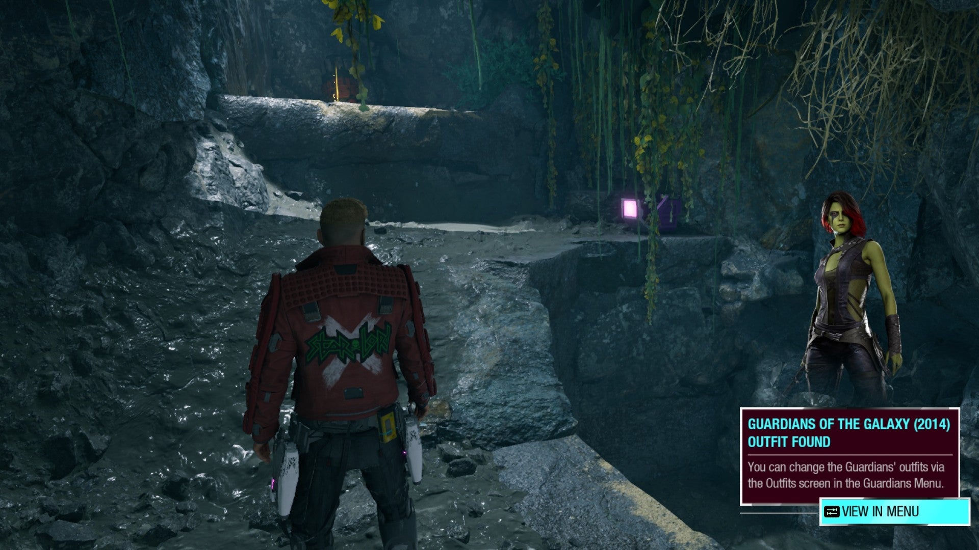 Star-Lord on a cliff edge with outfit box at the end