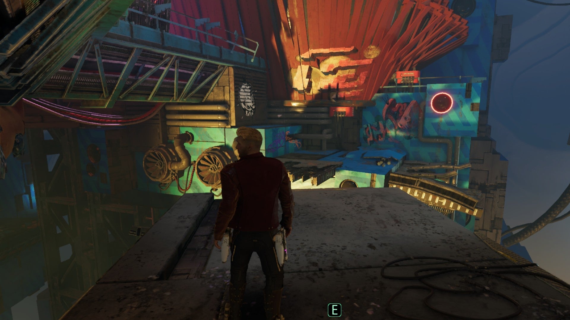 Star-Lord stood on platform staring across at more platforms surrounded by graffiti