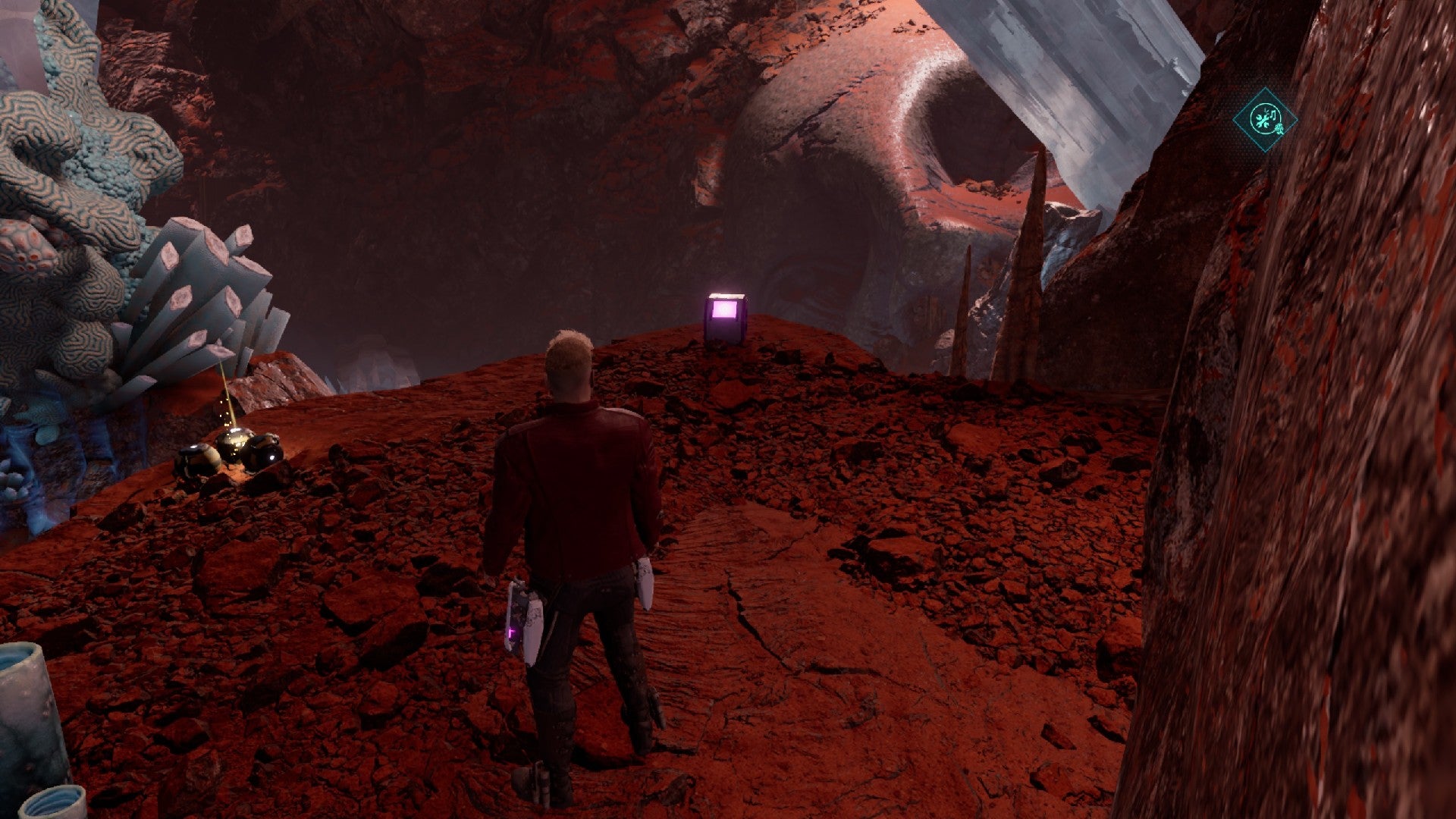 Star-Lord stood on cliff with outfit box and components nearby