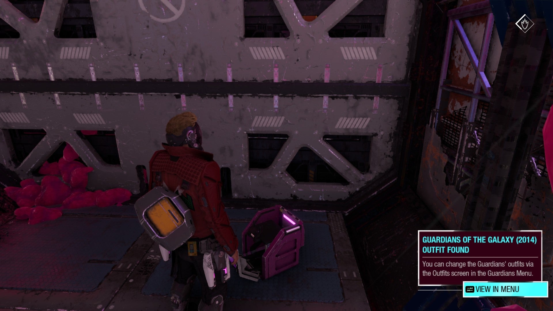 Star-Lord standing next to an outfit box with pop up message about Rocket's movie outfit in Guardians Of The Galaxy