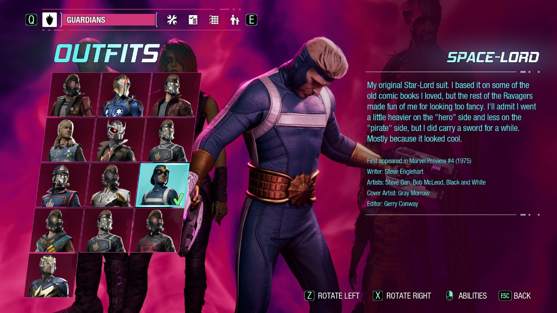 Star-Lord in outfit select menu wearing Space Lord outfit