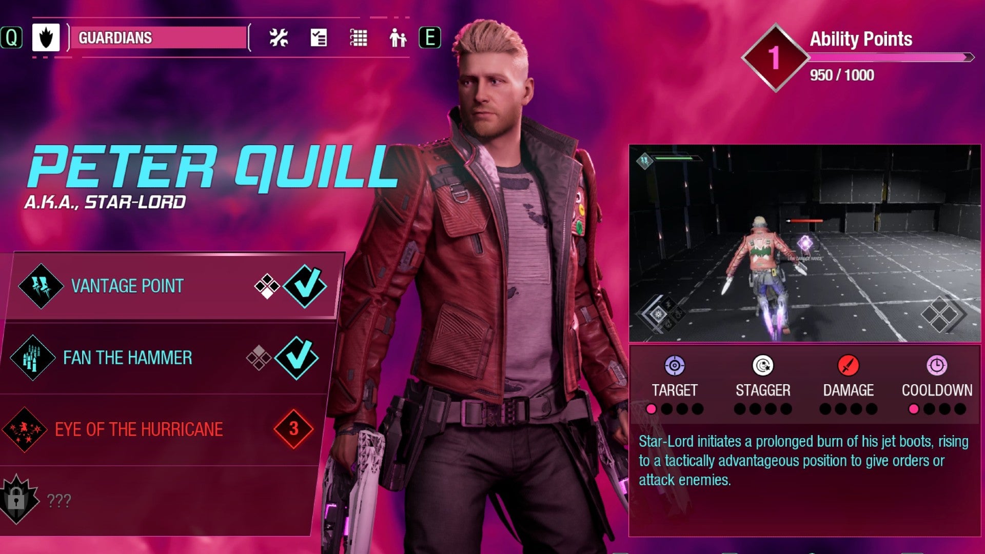 Star-Lord's ability menu in Guardians Of The Galaxy
