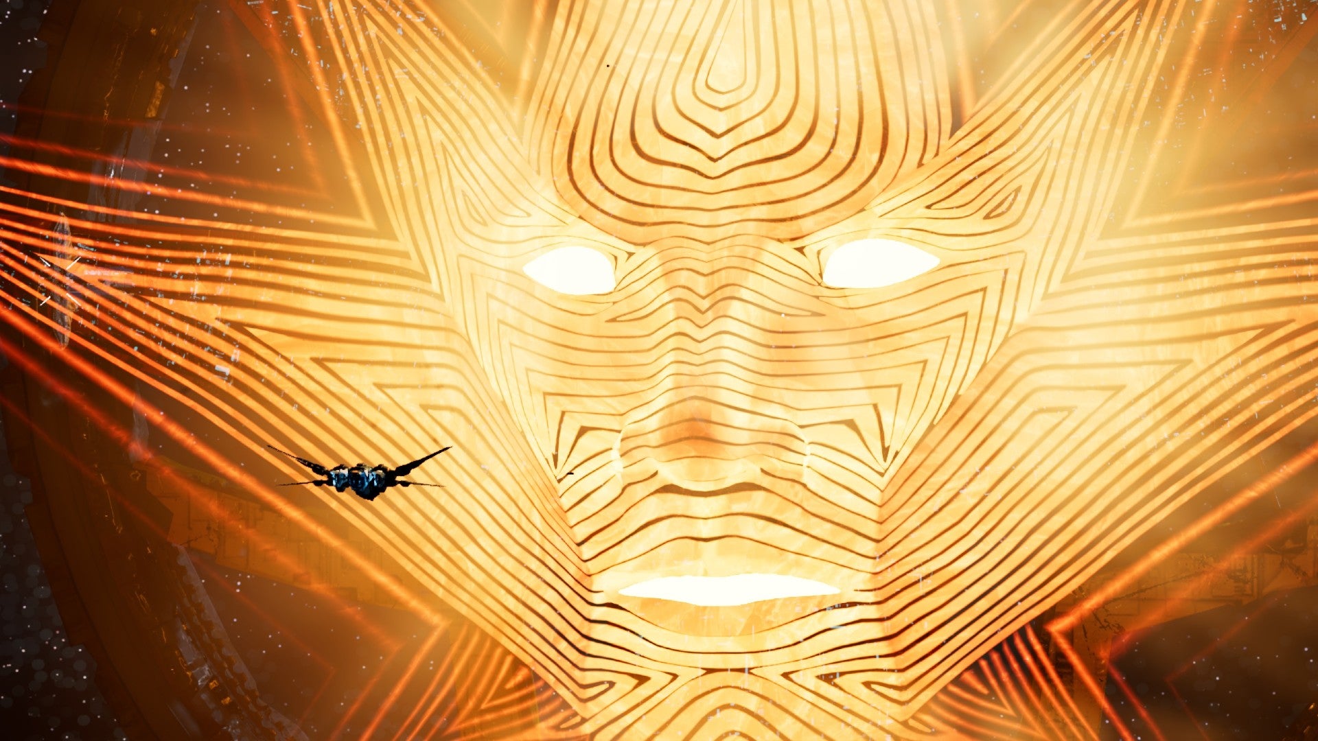 The Milano ship facing the huge Worldmind projection in Guardians Of The Galaxy