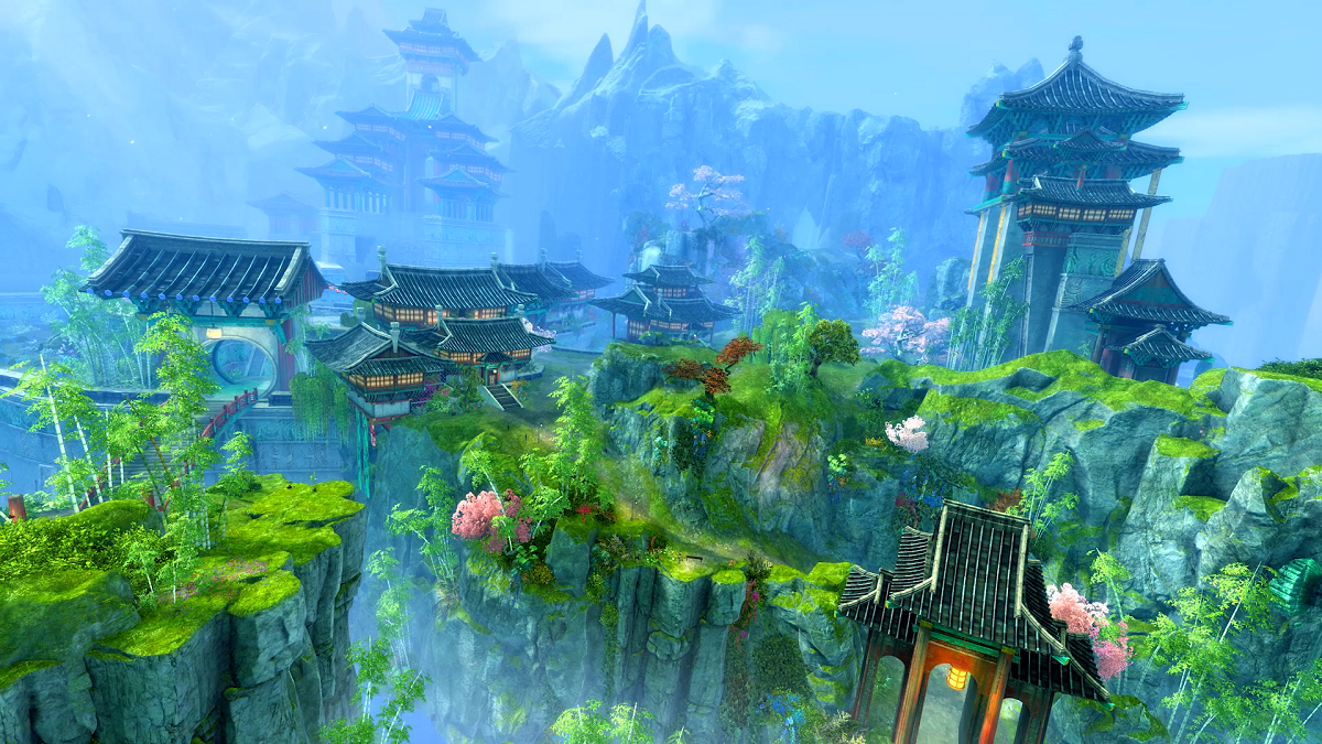 A screenshot of Guild Wars 2 expansion End Of Dragons showing Asian-inspired buildings emerging from a green forest.