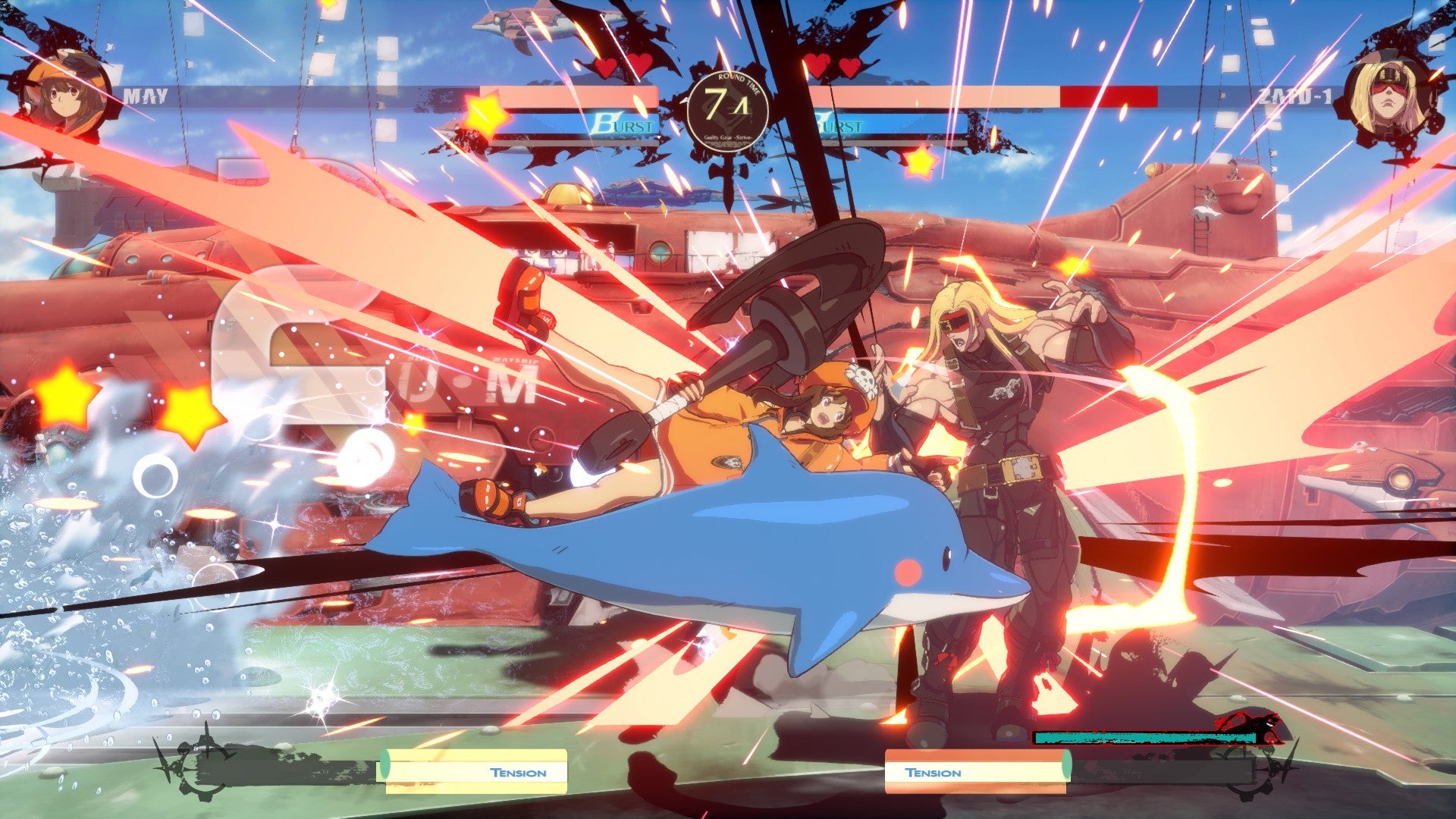 Guilty Gear Strive - May fights against ZAPD-1 with a dolphin