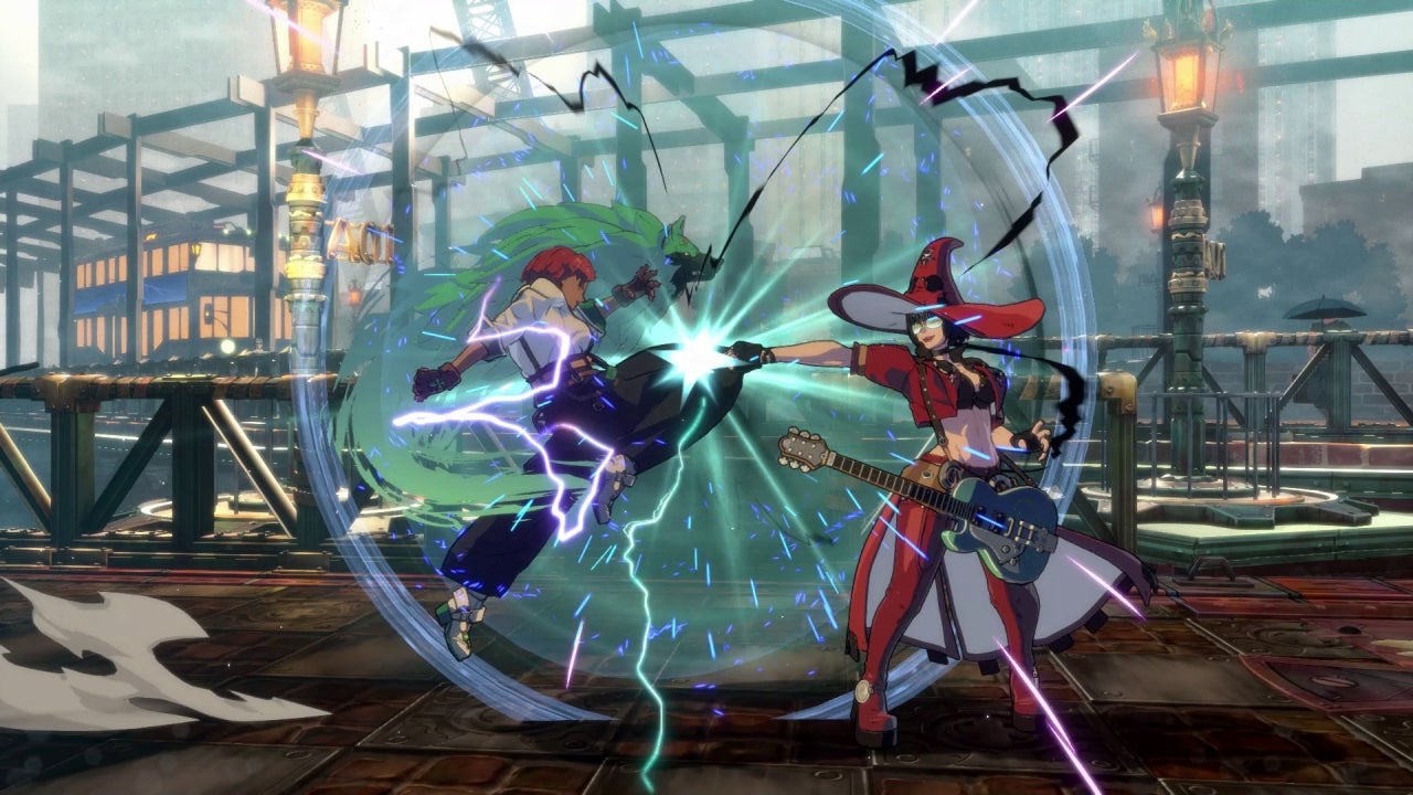 Giovanna and the 'hard rock witch' I-No fight in a Guilty Gear Strive screenshot.