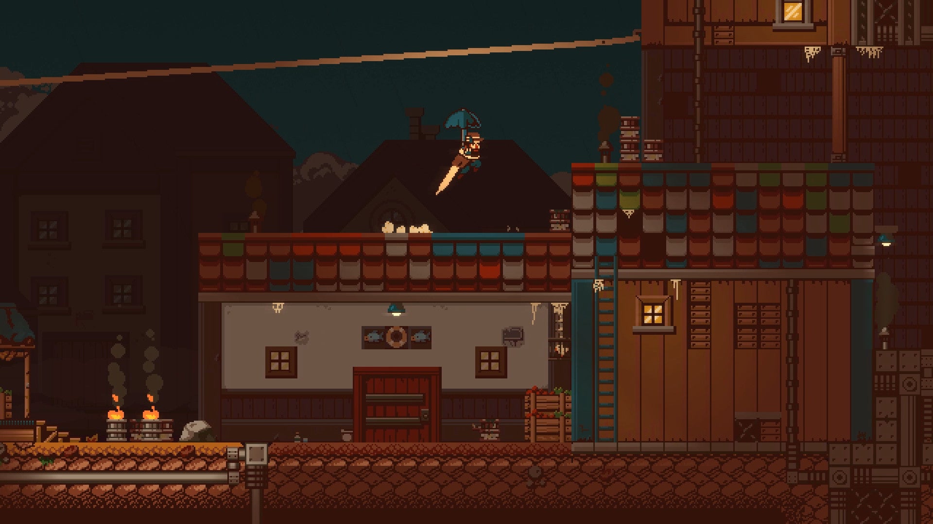A 2D pixel art screenshot by Gunbrella showing a man jumping over a rooftop with an umbrella over his head.  There is a zipline above him.