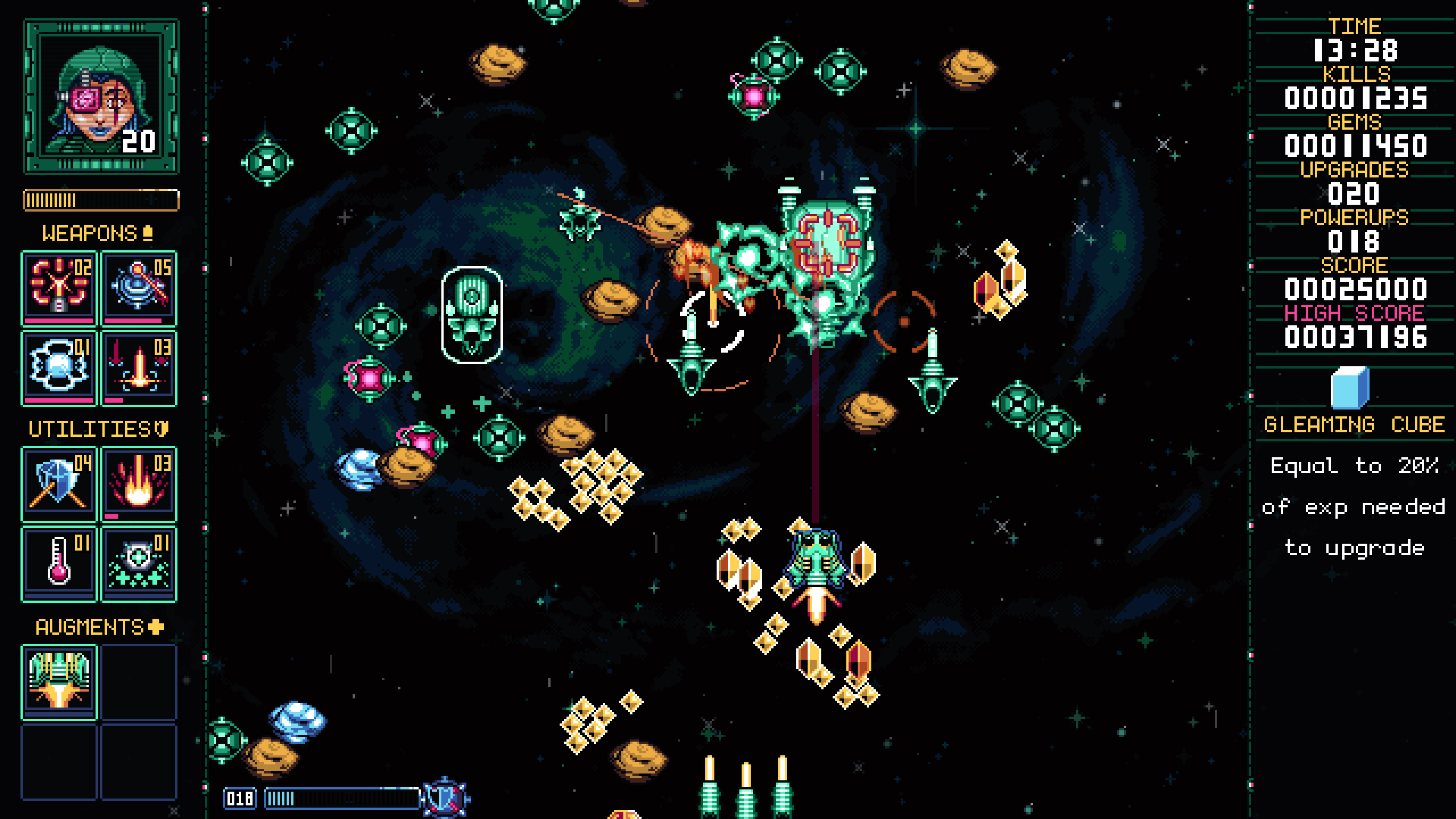 Spaceships, lasers, explosions, and gems in a Gunlocked screenshot.