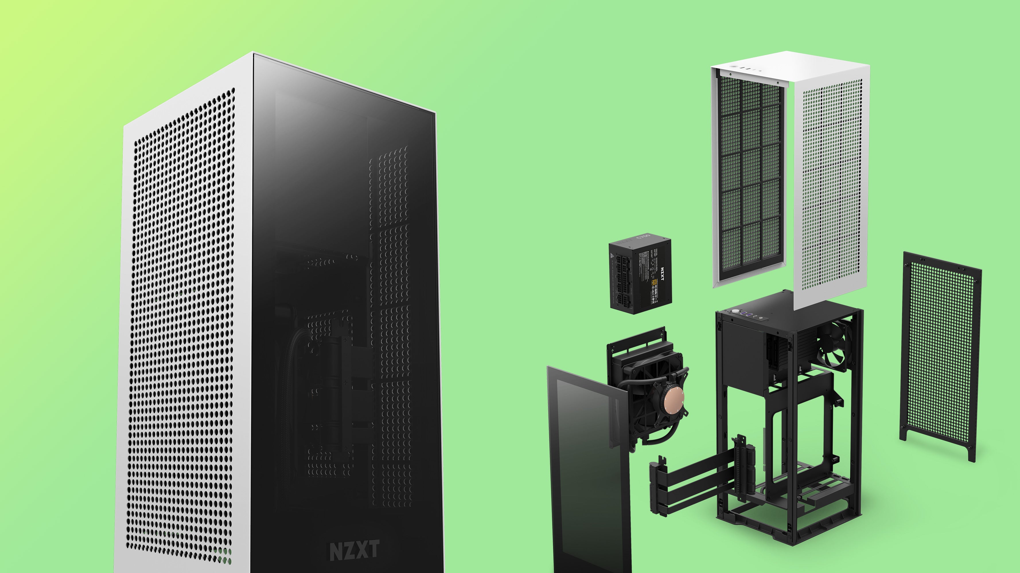 nzxt h1 v2 small form factor itx pc case, shown exploded with an aio liquid cpu cooler, sfx power supply and other components