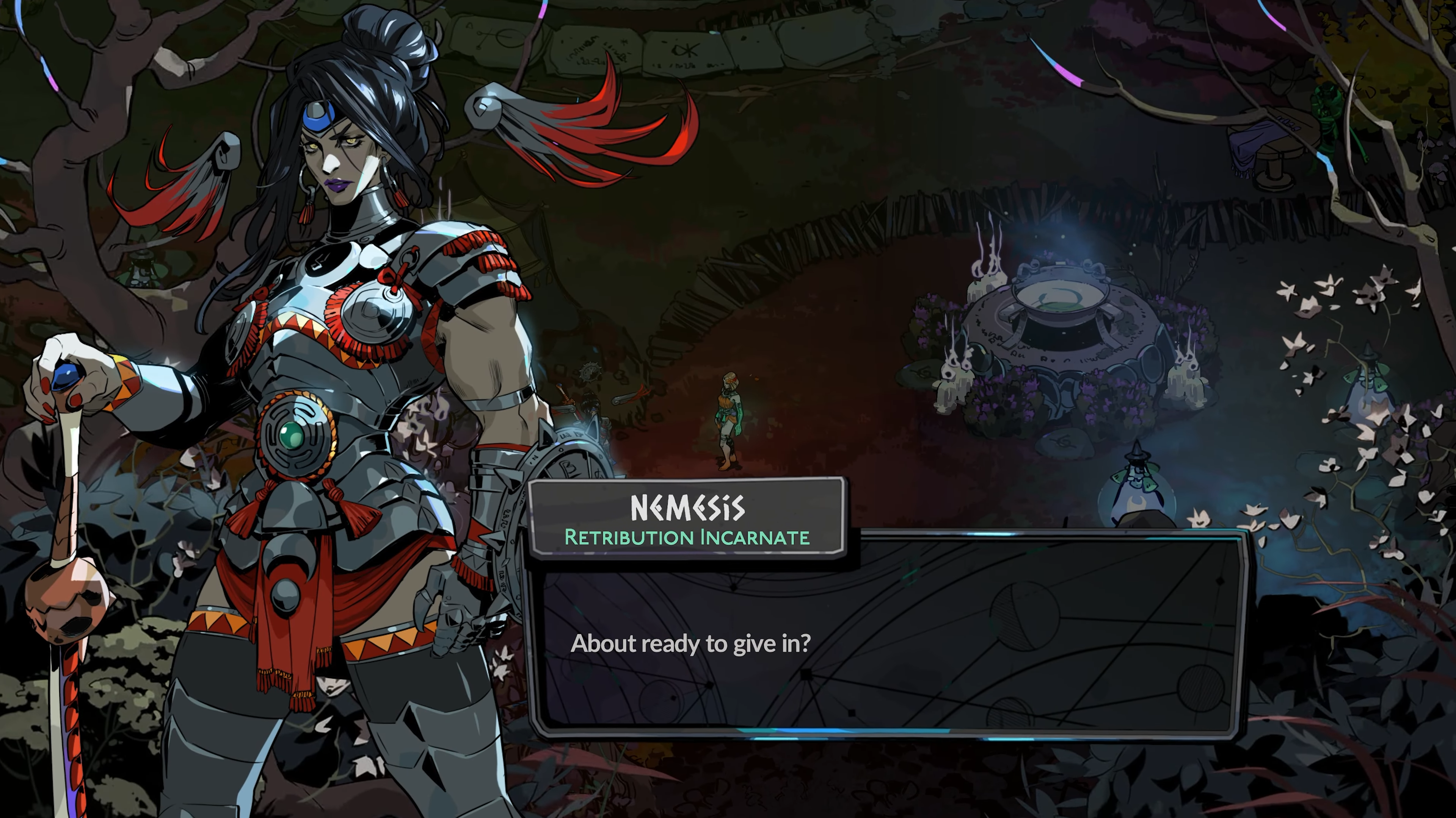 In a dialogue screen from Hades 2, Nemesis (a dark-haired, muscular woman in ornate armour) asks the protagonist if she's ready to give in.