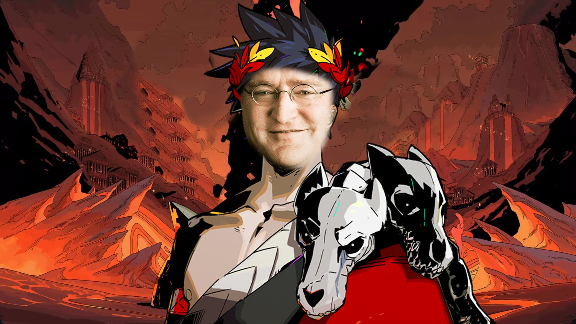 A head and shoulders shot of Zagreus from the video game Hades, but with the face of Gabe Newell