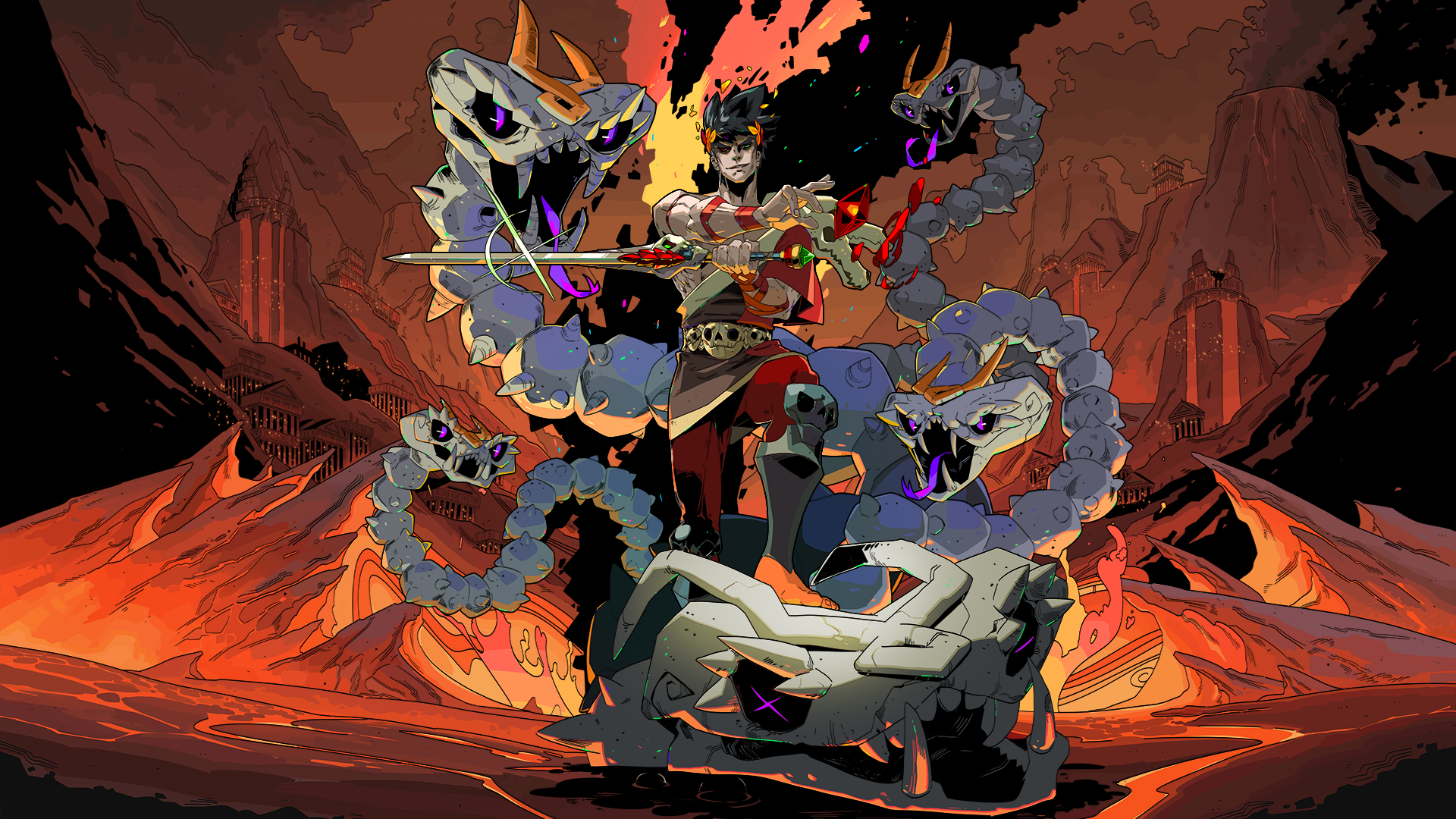 Zagreus poses before the hydra in Hades artwork,