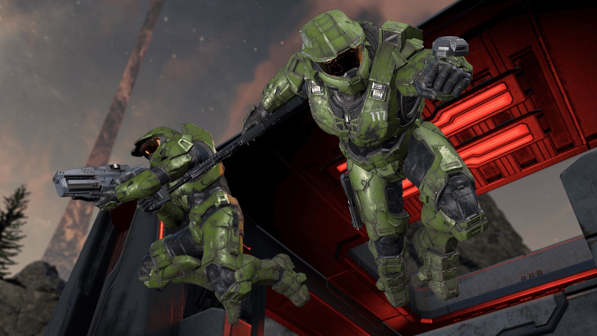 Two Master Chiefs fall out of a window in Halo Infinite